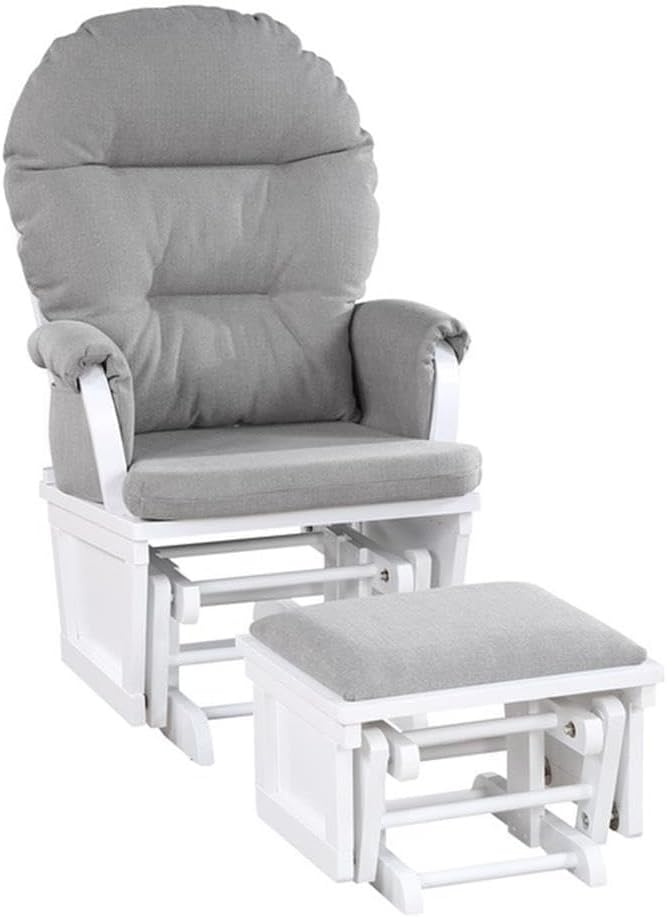 Pemberly Row Contemporary Glider and Ottoman, White Wood Oyster Fabric, Tufted Back Cushion, Side Storage Pocket, Solid Side Panels, Bentwood Arms, Transitional Nursery Rocking Chair Set