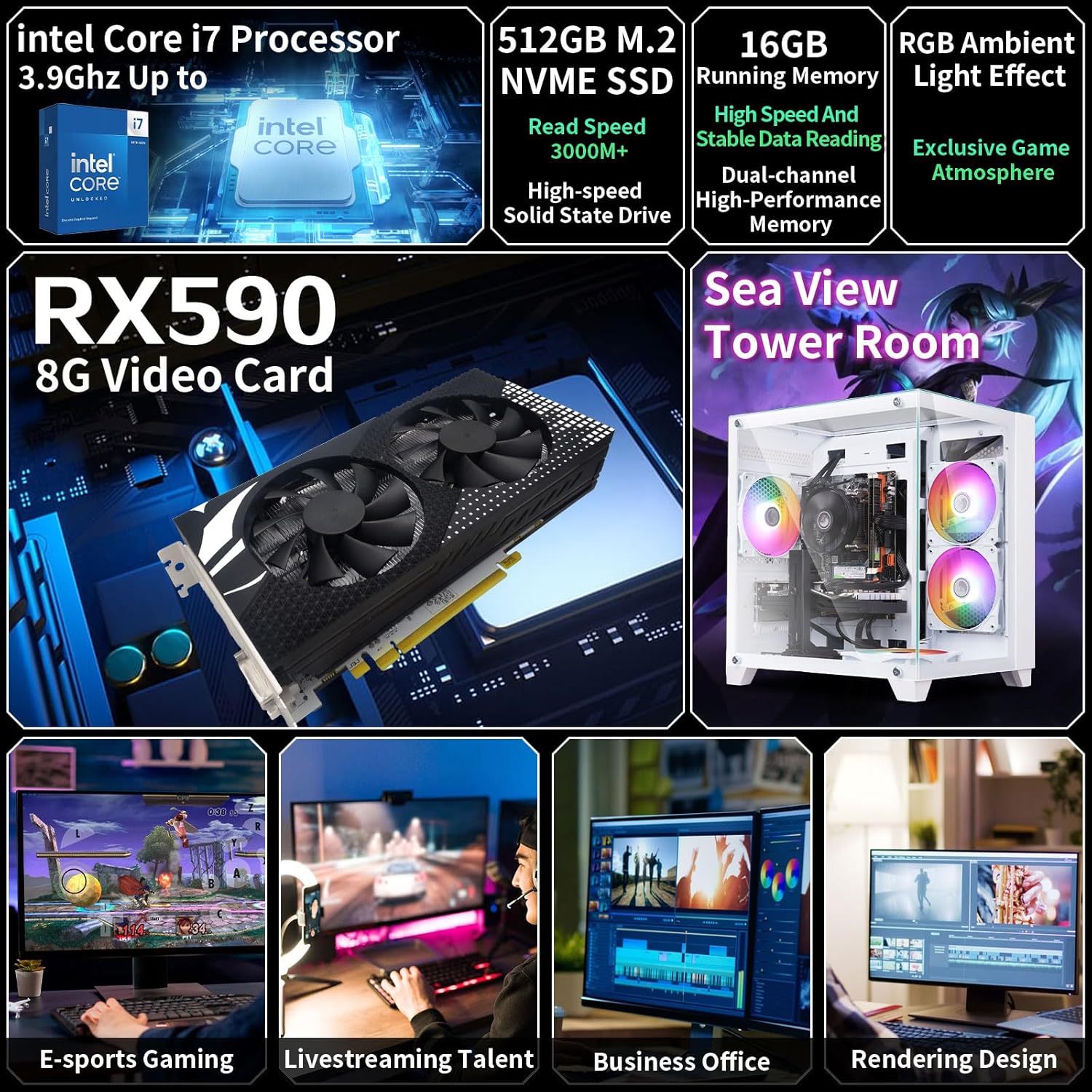 Prebuilt Gaming PC Desktop Computer,Intel Core i7 Desktop,Operating at A Frequency of 3.4-3.9 GHz,RX590 Graphics Card with 8GB GDDR5 Video Memory,16GB RAM, 512GB SSD,WiFi 5.0,RGB Fan x4