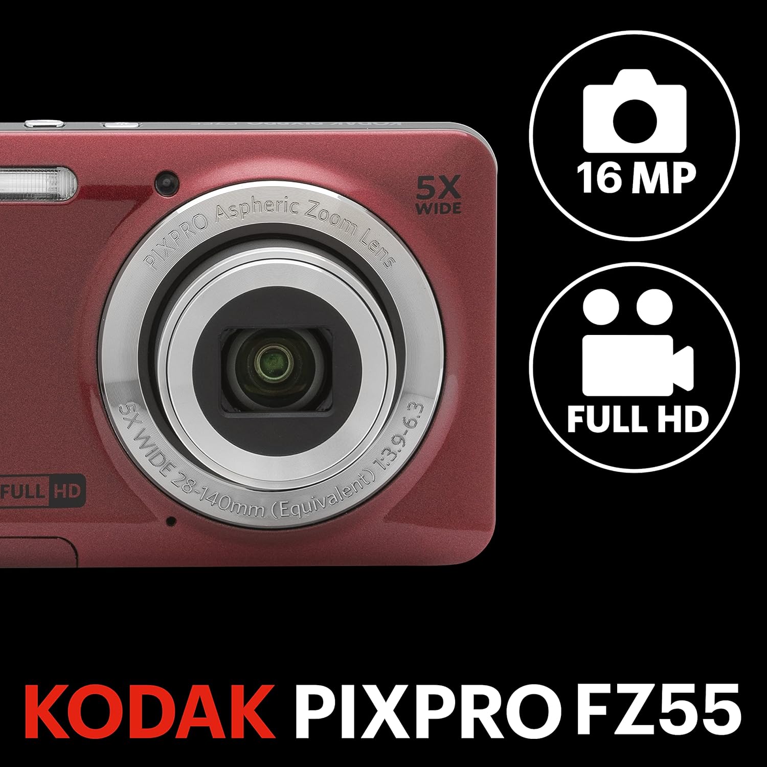 Kodak PIXPRO FZ55-RD 16MP Digital Camera 5X Optical Zoom 28mm Wide Angle 1080P Full HD Video 2.7