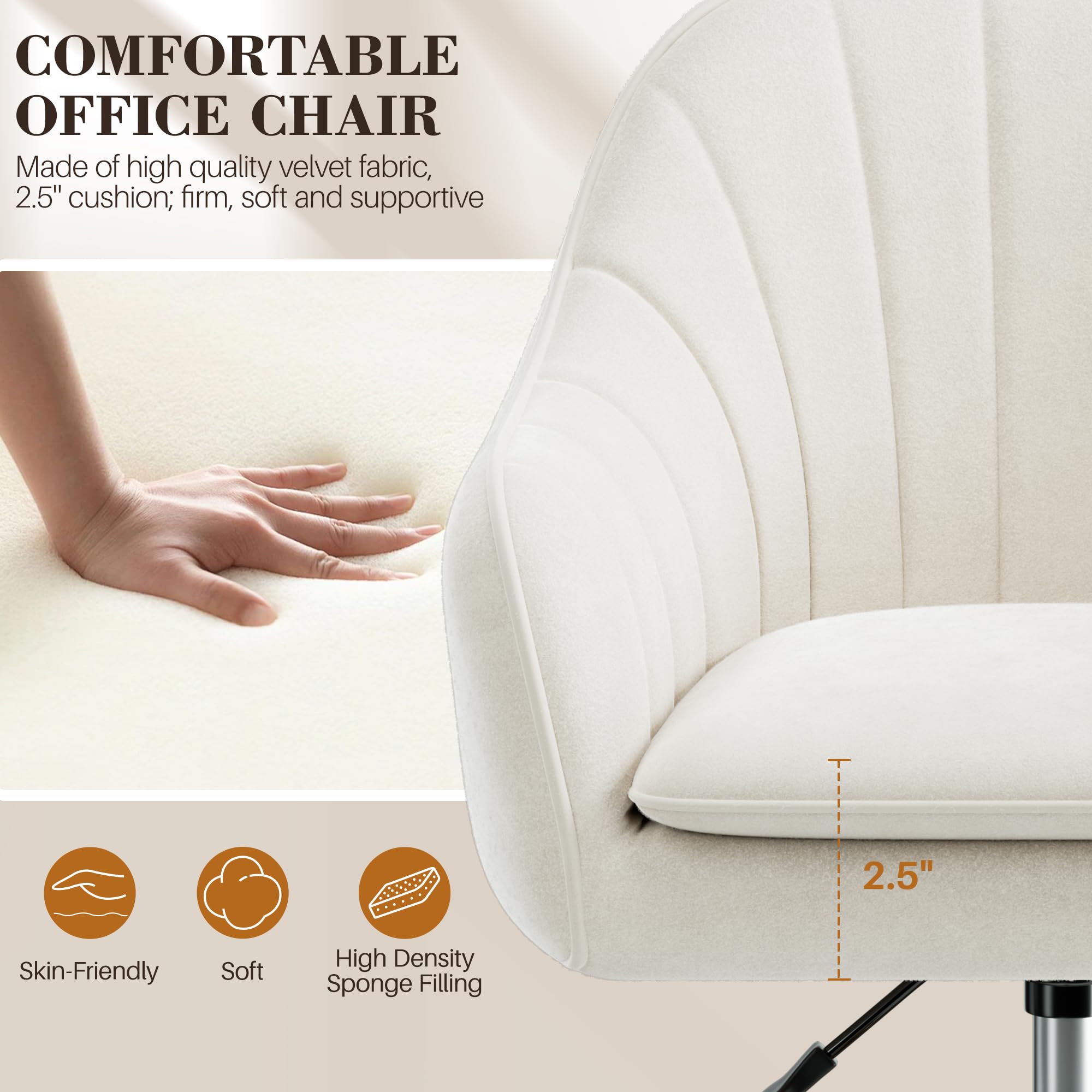 BESTERA Vanity Chair with Wheels - Adjustable Velvet Makeup Chair