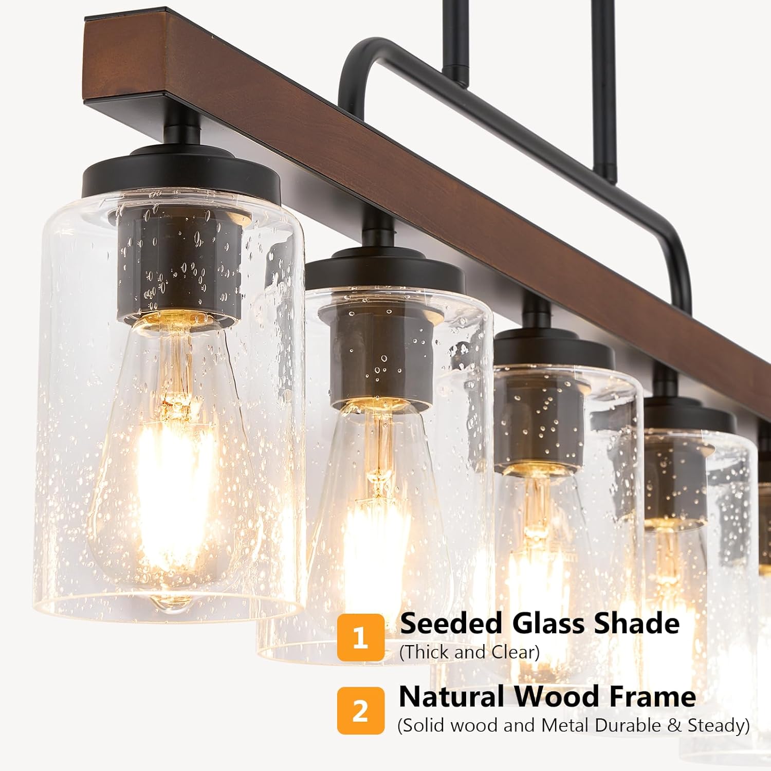 Farmhouse Dining Room Light Fixture, 4-Light Wood Kitchen Island Lighting, Industrial Chandeliers for Dining Room Over Table Black Pendant Light with Seeded Glass Shade for Bar Restaurant