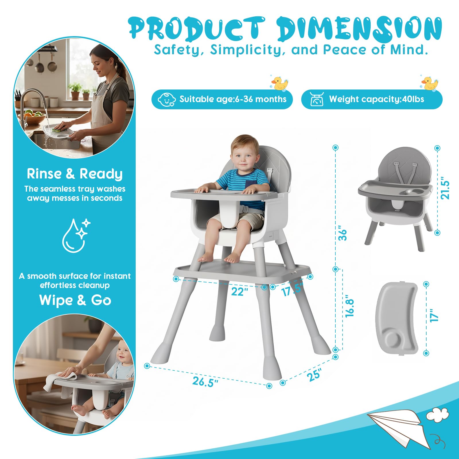 UNISWAN 6 in 1 Baby High Chair - Convertible Highchair Grey