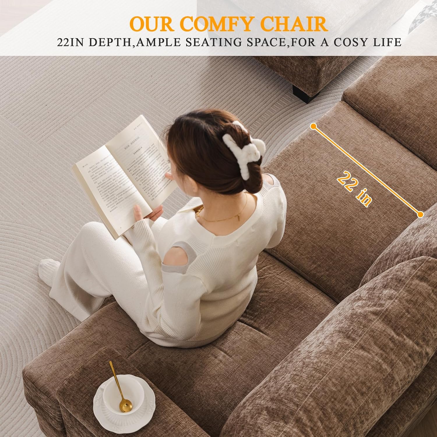 85'' L Shaped Couch with Armrest Organizer,Comfy 3 Seats Sofa with Thick Cushion,Chenille Sectional Couches for Living Room,Bedroom,Apartment,Sofa Set with Oversized Chair,Home Furniture,Brown
