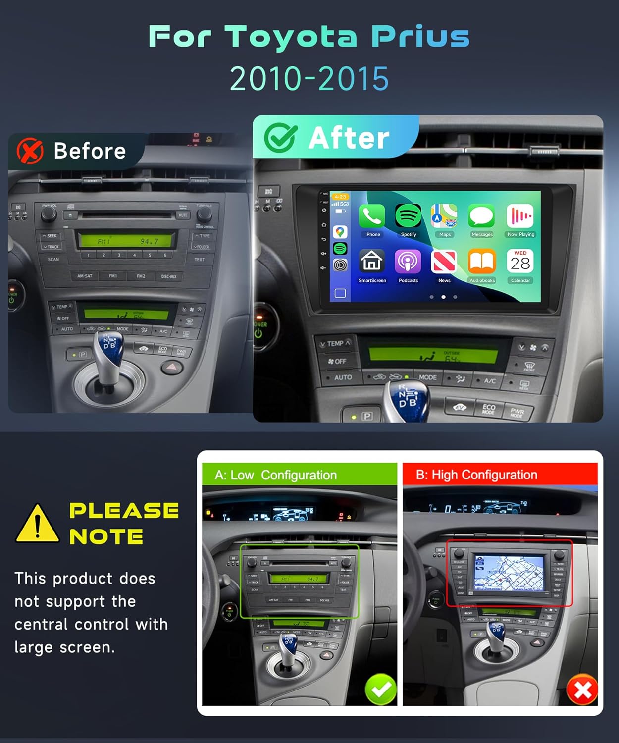 for Toyota Prius 2010-2015 Car Stereo Radio with Snapdragon 8 Core 4GB+64GB 9 Inch IPS Touchscreen Wireless Carplay/Android Auto DSP Hi-Res 5/6GhzWiFi GPS Android 13 FM/RDS SWC Camera