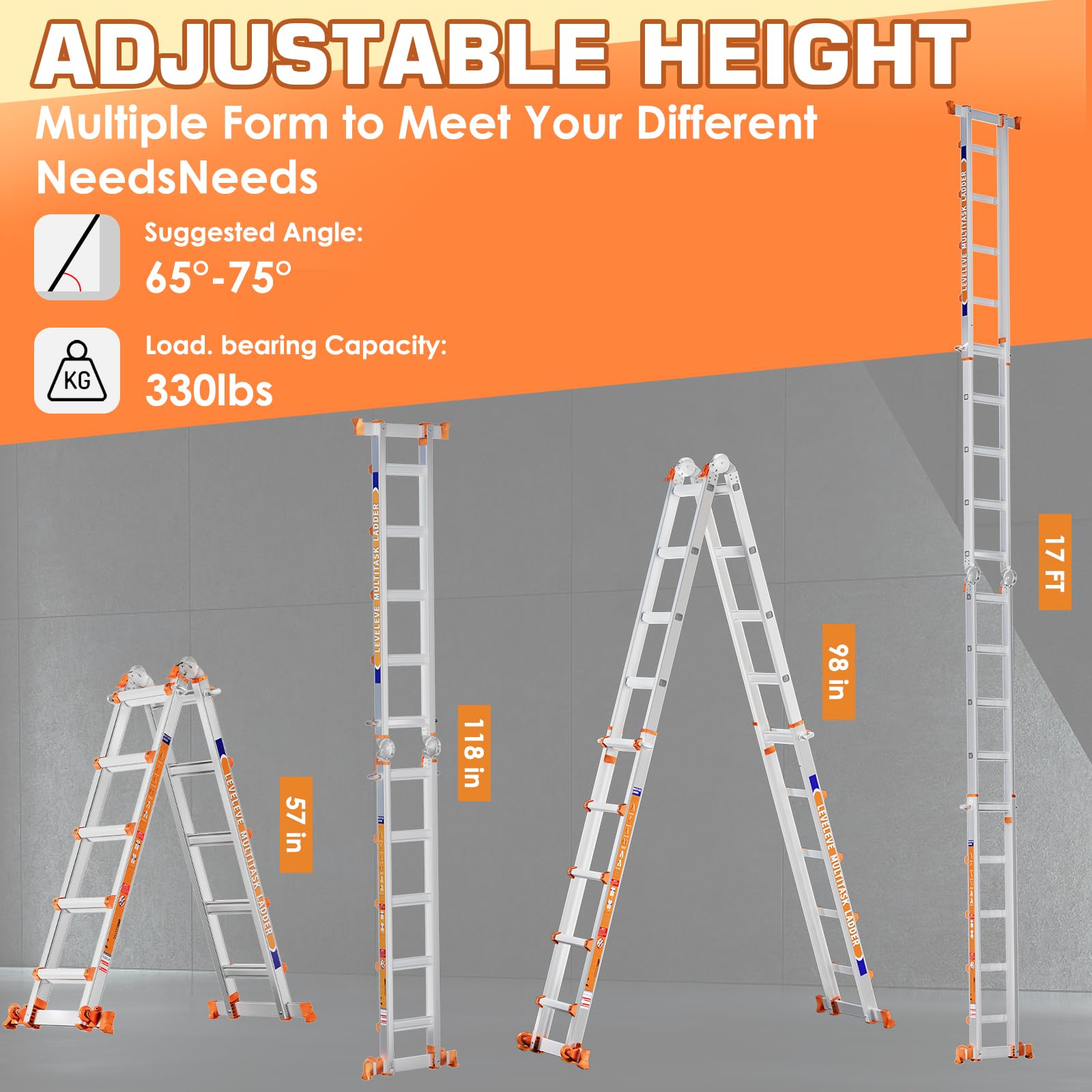 LEVELEVE Telescoping A Frame Ladder - 17FT Multi-Position 330lbs