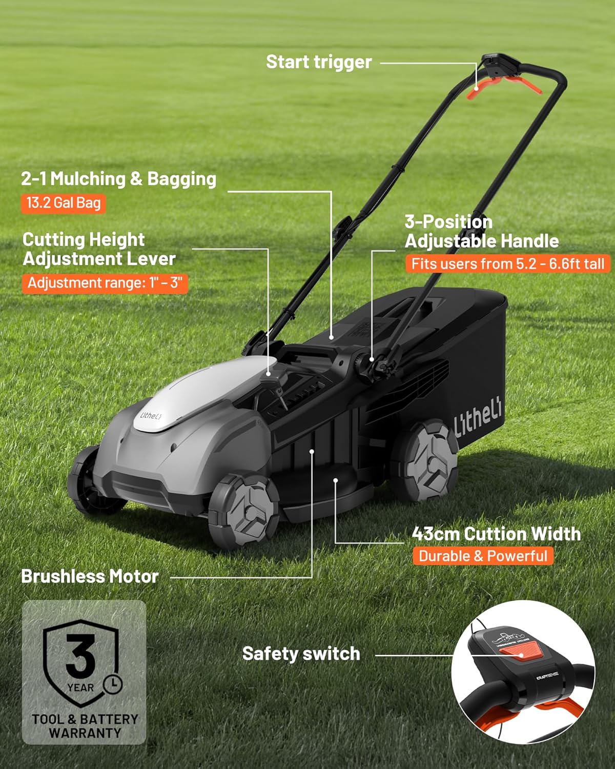 Litheli 18-inch 40V Brushless Lawn Mower for Garden Yards, Lightweight Cordless Lawn Mower Battery Powered with 6-Position Height Adjustment, 2x5.0Ah Battery Included