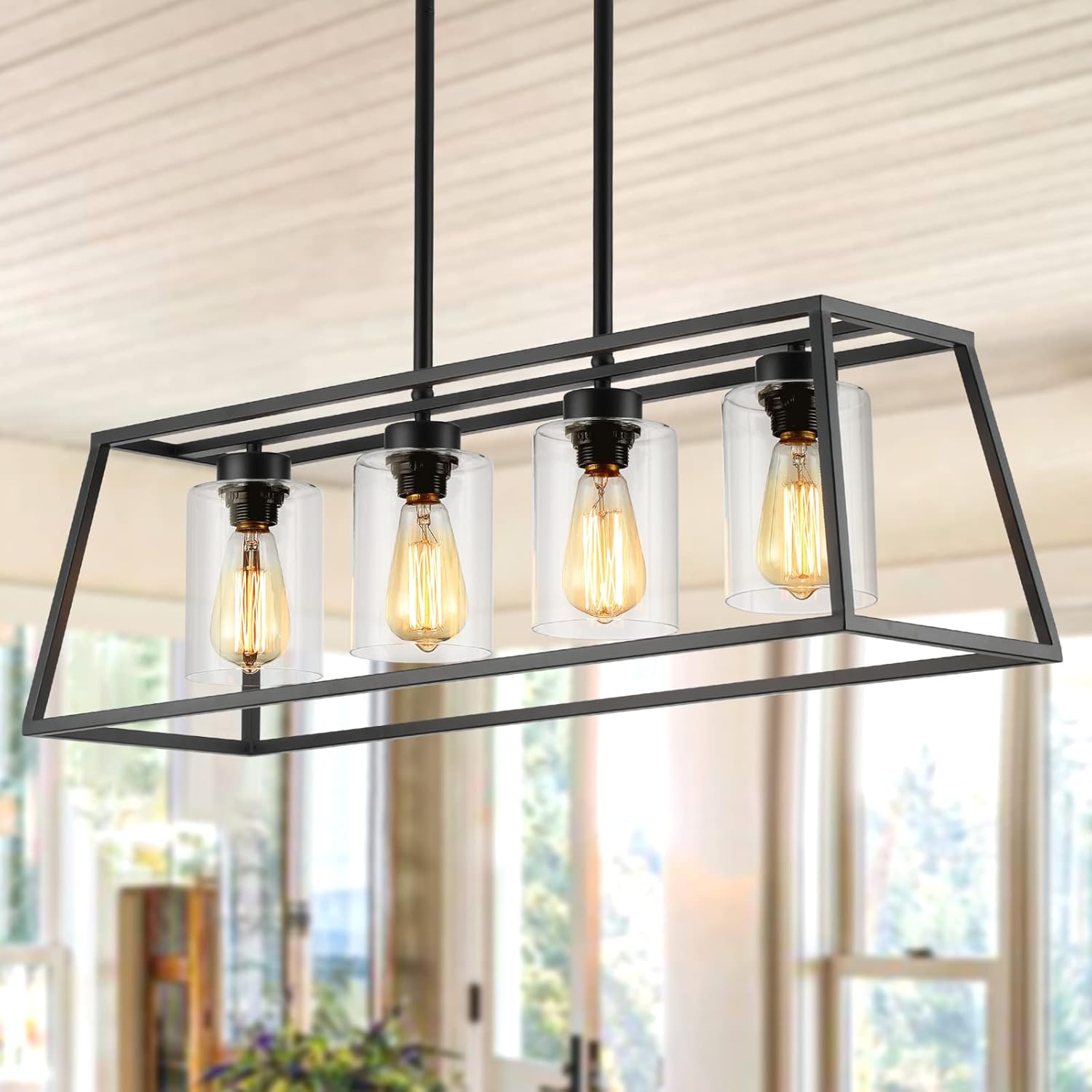 Black Farmhouse Chandeliers for Dining Room, Rustic Kitchen Island Light Fixture, 4-Lighting Linear Pendant Lamp Kitchen Island with Glass Shade  .Apply to Dining Room Light fixtures Over Table