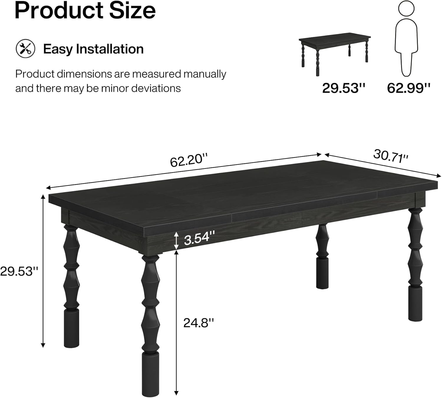 Tribesigns Wood Black Dining Table for 4-6 People, 62” Farmhouse Large Rectangle Kitchen Table, Modern Dinner Table Kitchen & Dining Room Furniture with Carved Turned Legs