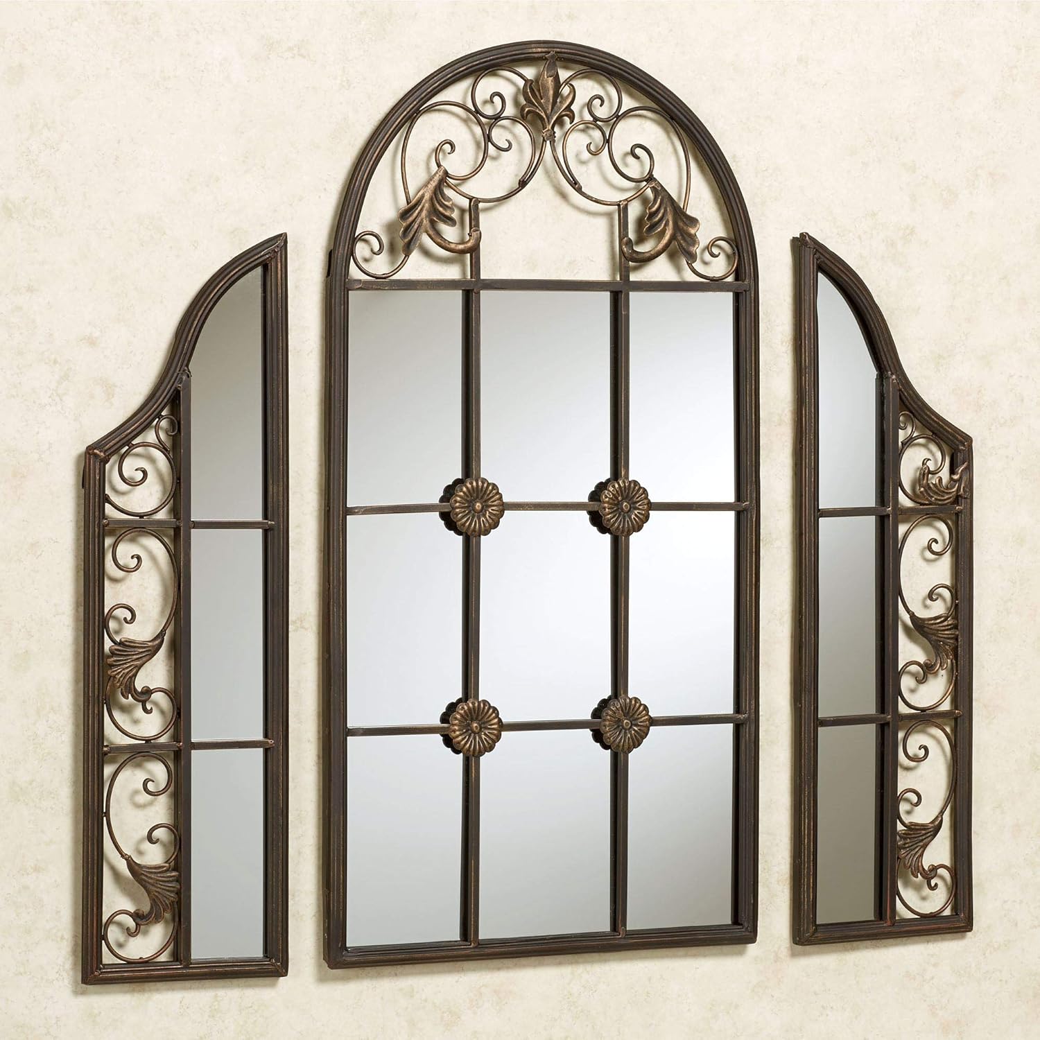 Touch of Class Hera Windowpane Style Wall Mirror Set - Dark Bronze - Arched Styling Looking Glass for Bedroom, Living Room, Entryway, Foyer, Office - Swirls - Acanthus Leaves - Medallions