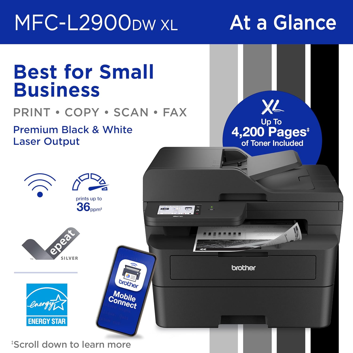 Brother MFC-L2900DW XL Wireless Compact Monochrome All-in-One Laser Printer with Duplex Copy & Scan, Fax, Black & White | Up to 4,200 Pages of Toner Included(1), Amazon Dash Replenishment Ready