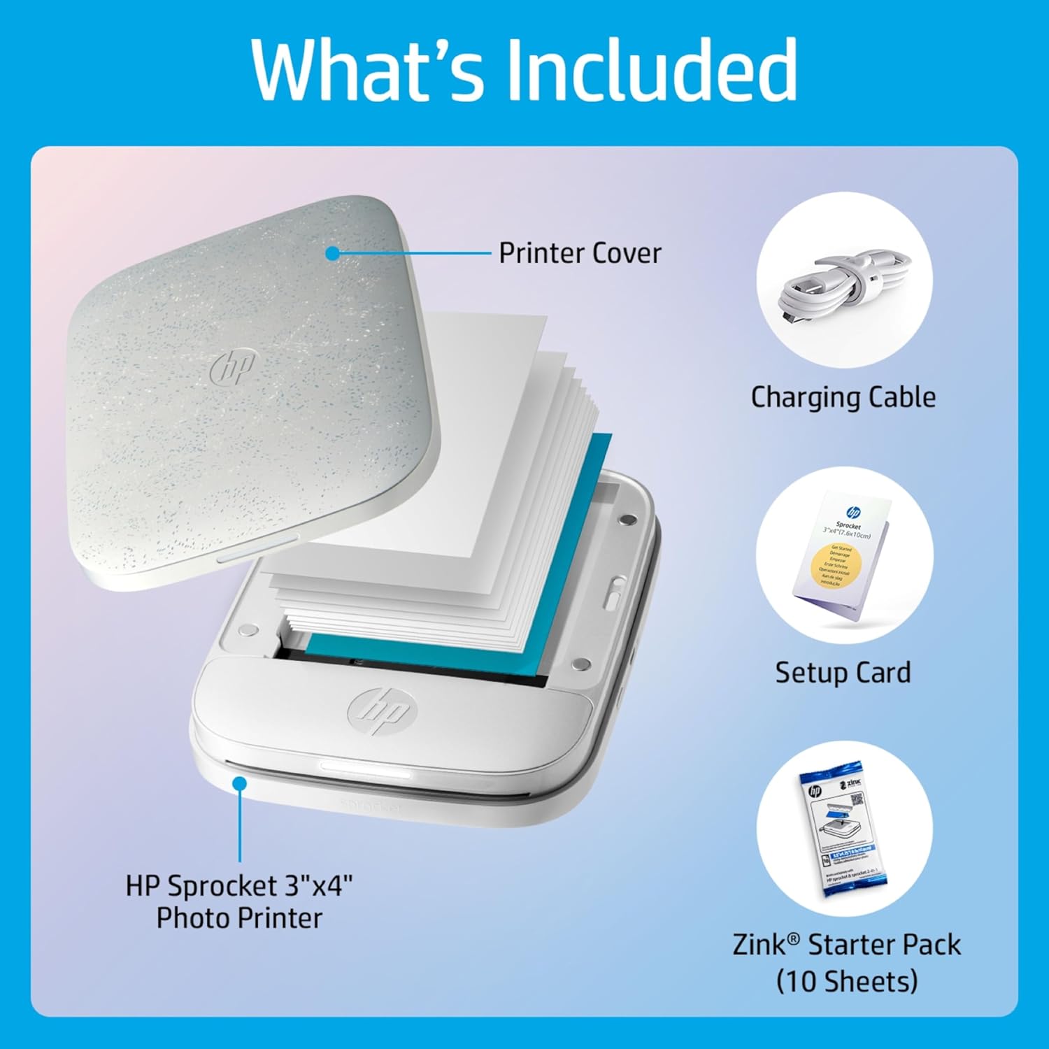 HP Sprocket 3x4 Instant Photo Printer -Kit: 20 Pack Zink Paper, case