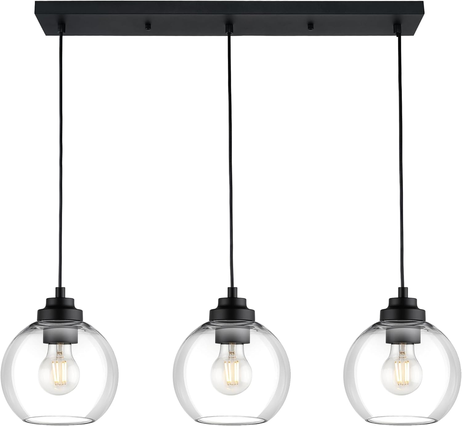 Black Island Light, 3-Light Linear Chandelier with Clear Glass, Globe Pendant Light Fixture for Dining Room Kitchen Island Living Room Pool Table, ZCPL101BK-3S