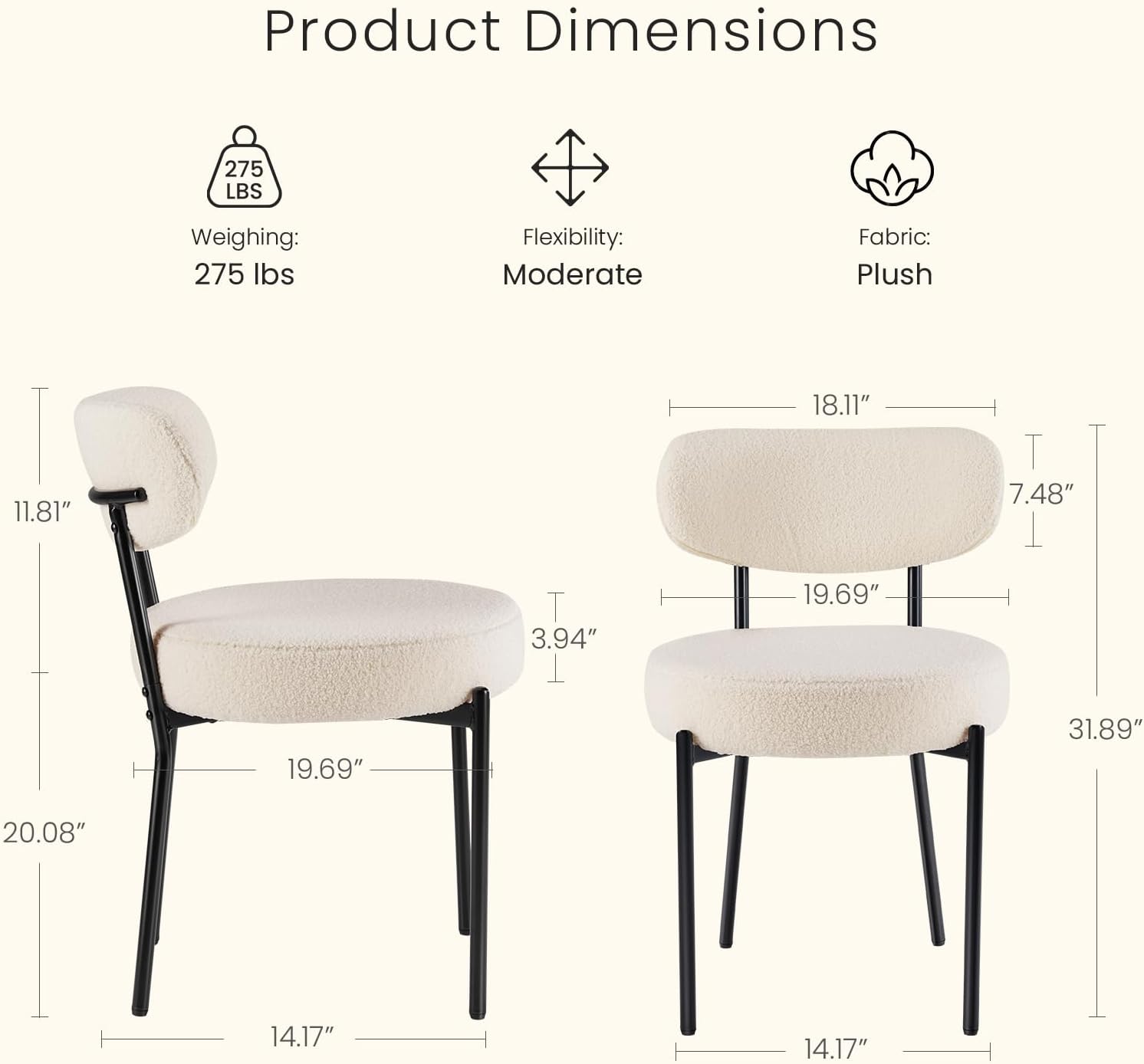 DUMOS Dining Chairs Set of 4, Mid Century Modern Chair Round Upholstered Curved Backrest, Kitchen Vanity Living Room Chairs with Black Metal Legs .Light Beige