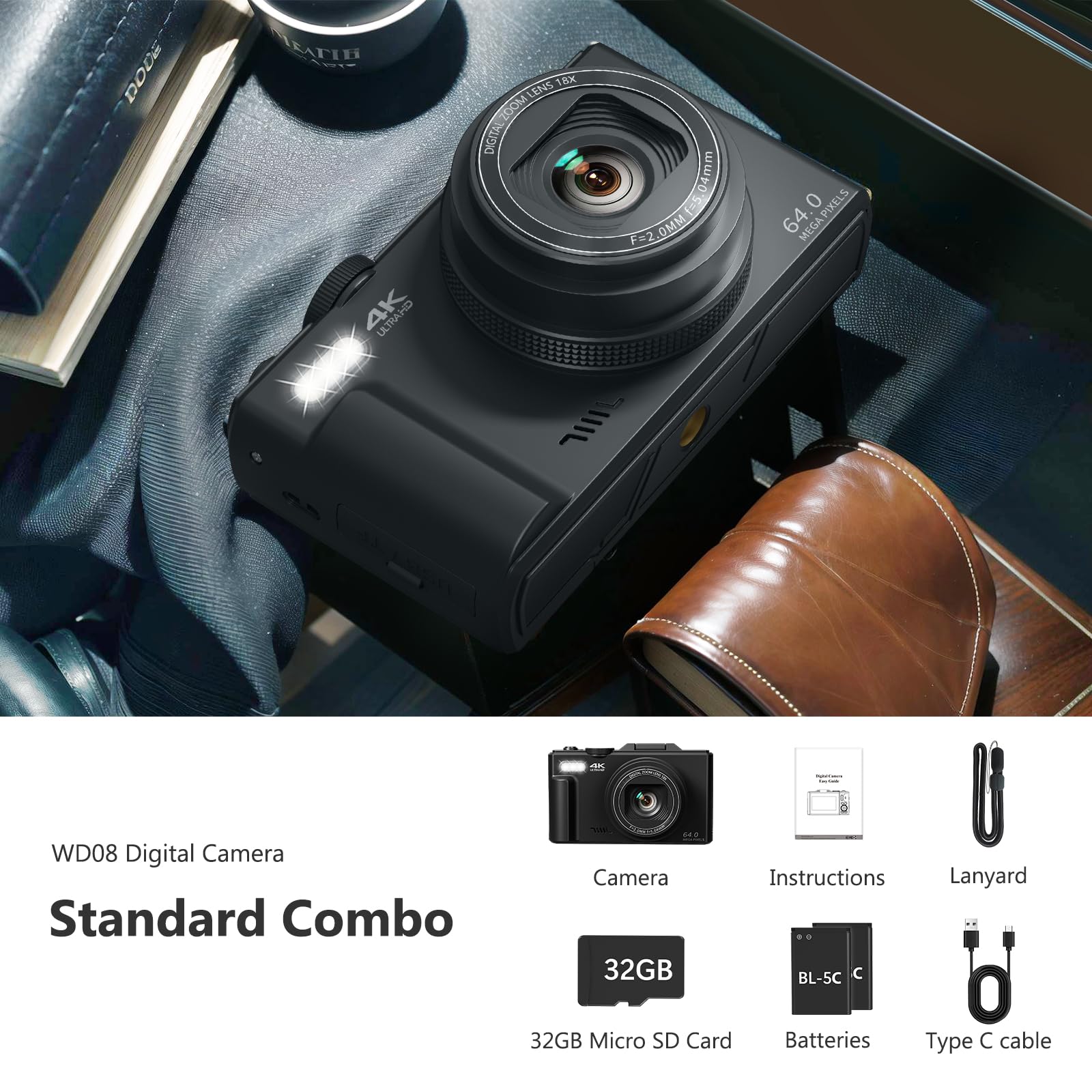 VJIANGER 4K Digital Camera, 64MP Vlogging Cam with 18X Zoom