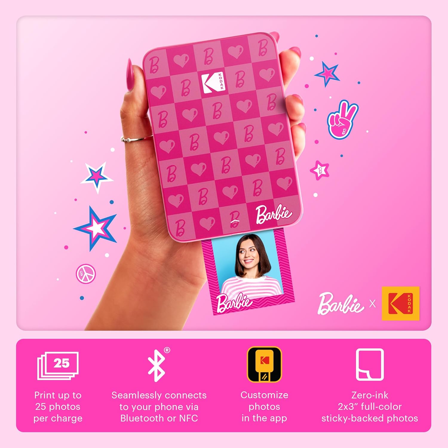 Kodak x Barbie Instant Smartphone Portable Photo Printer, Full Color, Wireless, Zink 2x3” (5.1x7.5 cm) Sticky-Back Photos, Print from iOS & Android Devices with Fun Editing App, Iconic Style