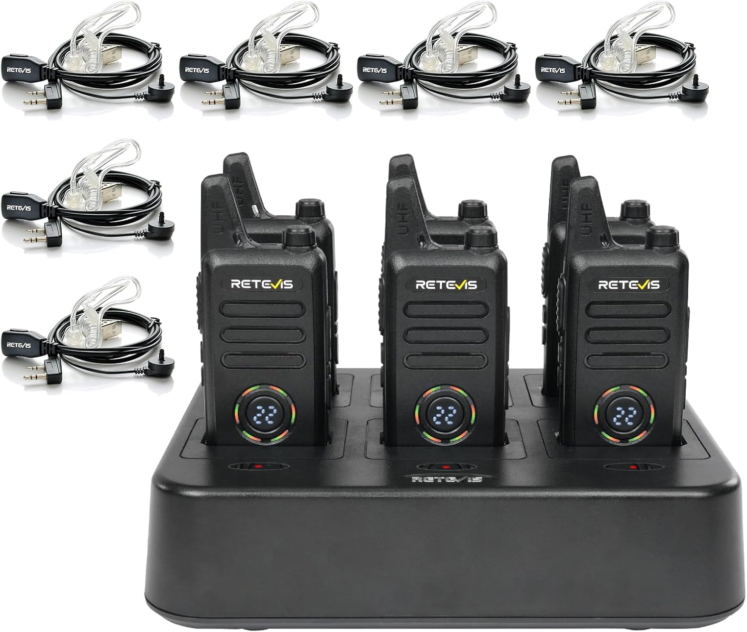 Retevis RT22S 2 Way Radios Rechargeable,Long Range Walkie Talkies with Earpiece and Mic Set,Channel Display,Signal Prompt,Handsfree Portable Two-Way Radio(6 Pack) with 6 Way Multi Gang Charger
