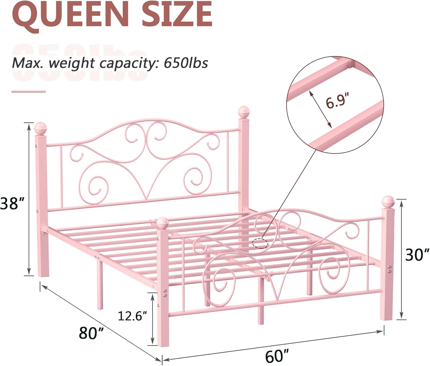 VECELO Queen Size Bed Frame with Headboard and Footboard, Heavy Duty Metal Slat Support, Platform Mattress Foundation, No Box Spring Needed, Easy Assembly, Light Pink