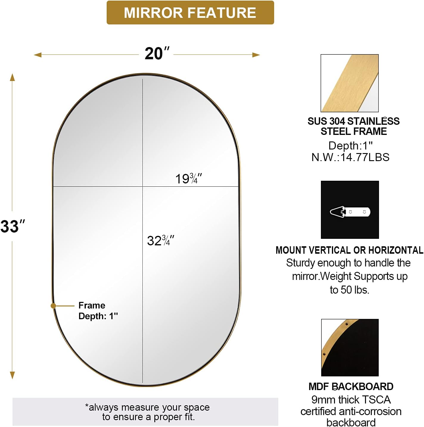 ANDY STAR Oval Bathroom Mirror, 20x33''Oval Gold Mirror Stainless Steel Metal Frame Mirror for Bathroom, Entryway, Living Room, Contemporary 1