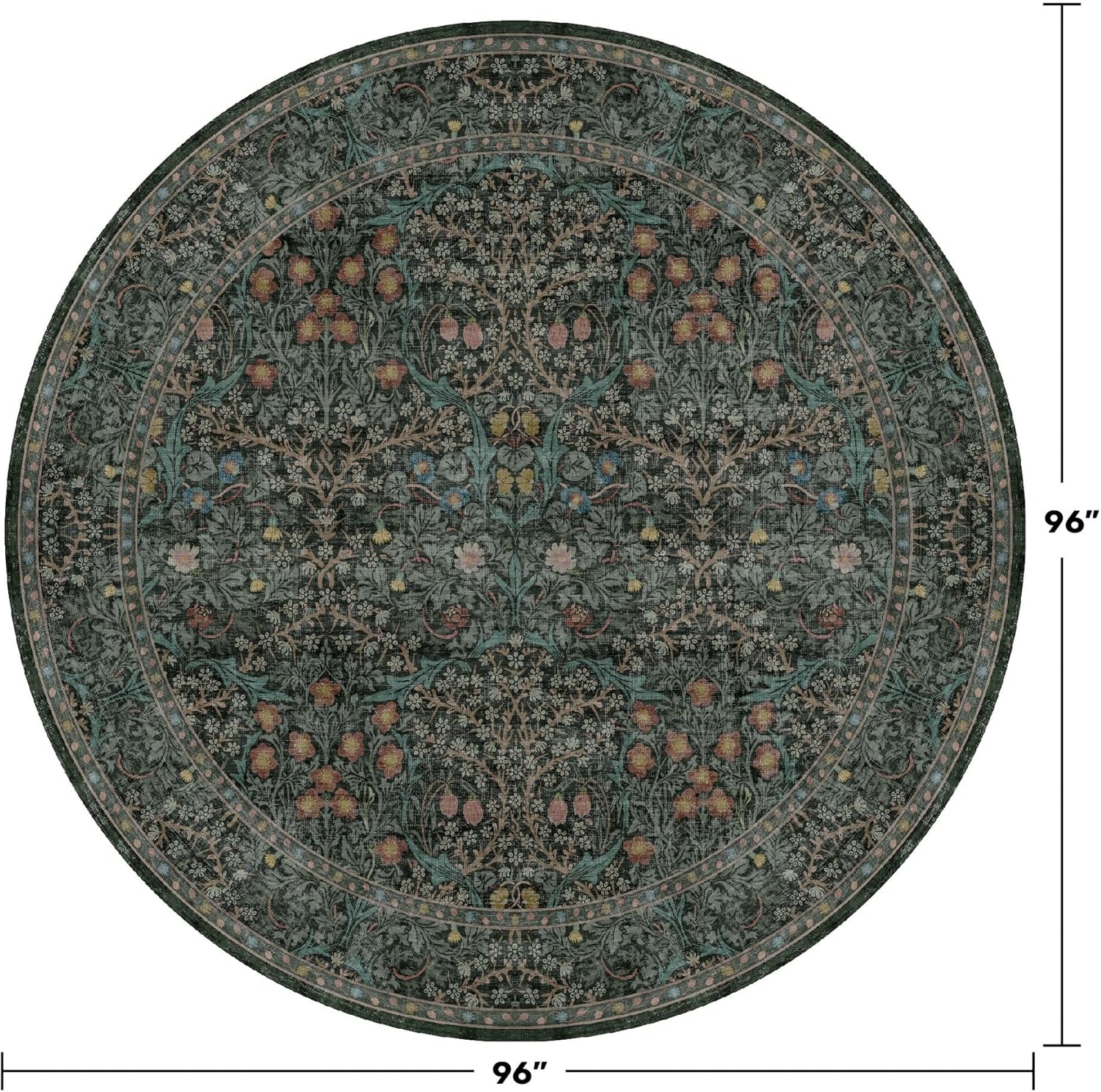 Vintage Washable Round Rugs 8ft, Ultra Soft Large Circle Area Rugs for Living Room, Dining Room Under Table Non Slip, Bedroom Under Bed, Dark Green Oriental Floral Round Floor Carpet Décor