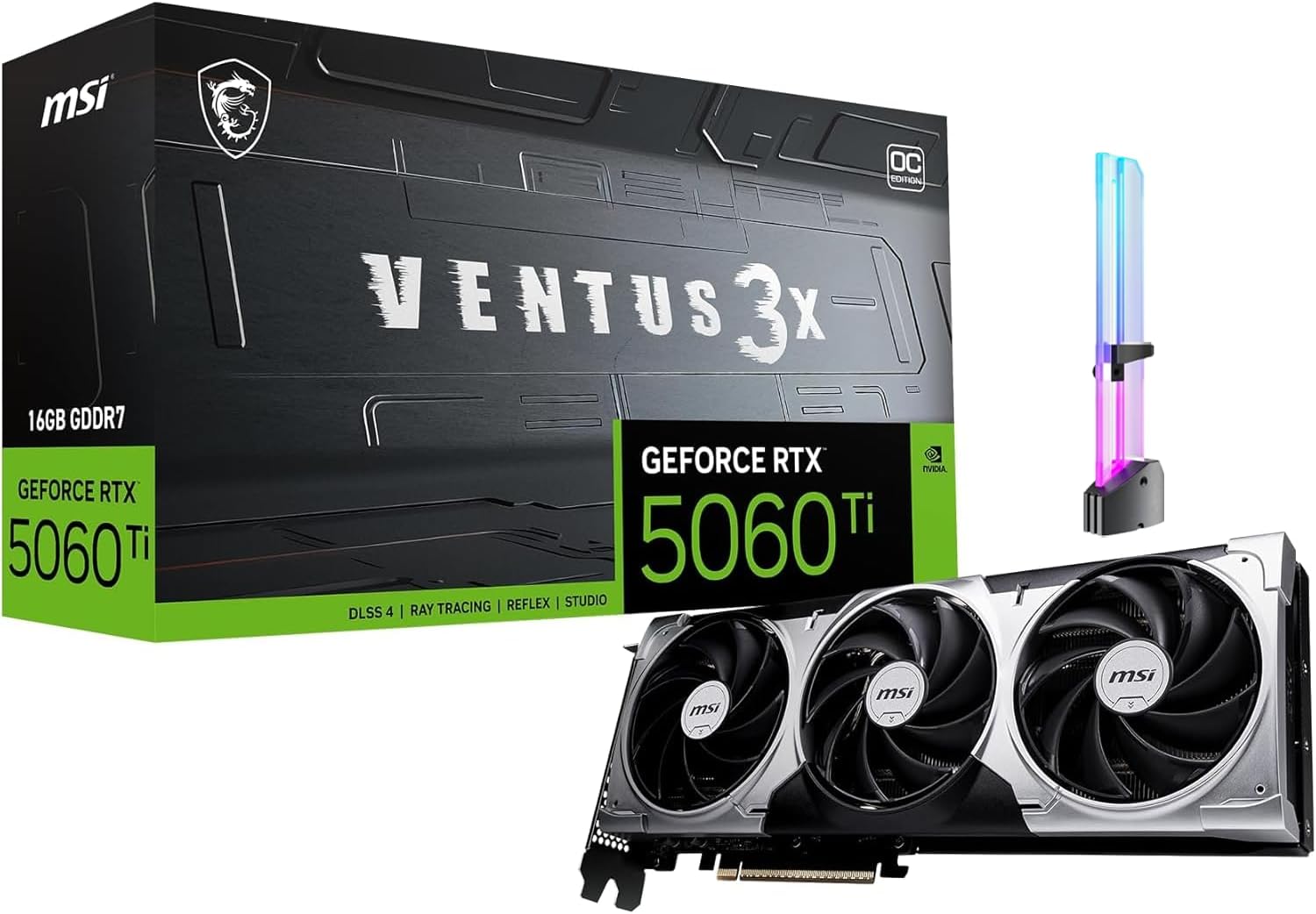msi GeForce RTX 5060 Ti 16G Ventus 3X OC Graphics Card, 16GB GDDR7, PCIe Gen 5, 3X DP 2.1b, HDMI 2.1b, 1440p Gaming, AI Content Creation, 3D Rendering, Streaming, RGB GPU Holder