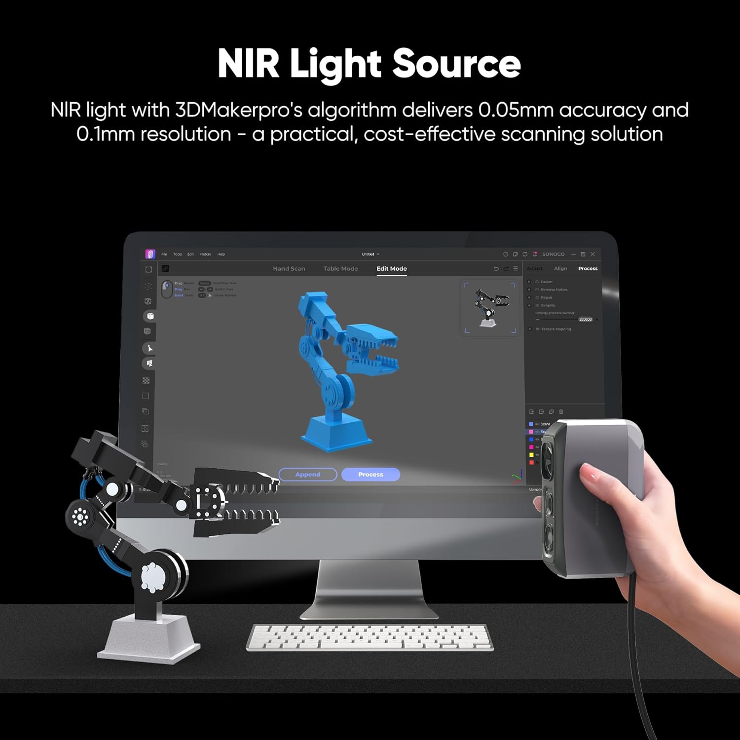 3DMakerpro 3D Scanner Moose Lite, Medium-Format 3D Scanners for Printing, NIR Light Source, Up to 0.05mm Accuracy, Mono Texture Scanning