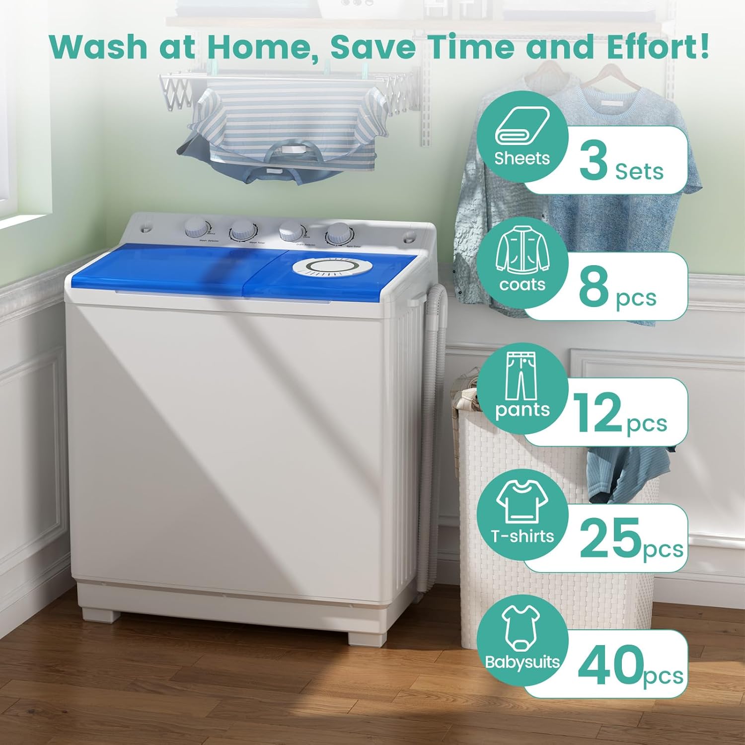 Auertech 48 Lbs Portable Washing Machine, Large Portable Washer for Apartments with 30 Lbs Washer & 18 Lbs Spinner, Clothes Washer Machine with Drain Pump for Apartment, Dormitory and RVs