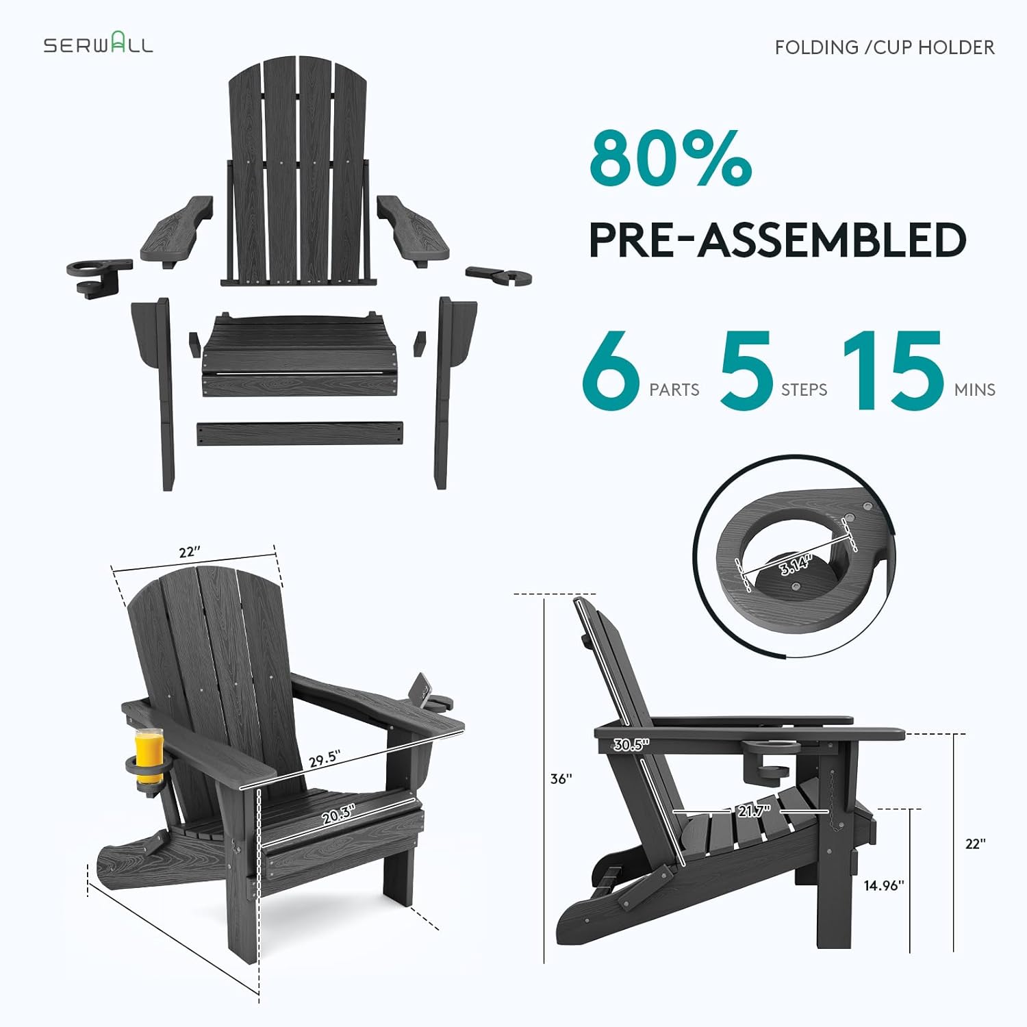 SERWALL Foldable Adirondack Chair Set of 2, HDPE Adirondack Chair with Wood-Texture-Gray