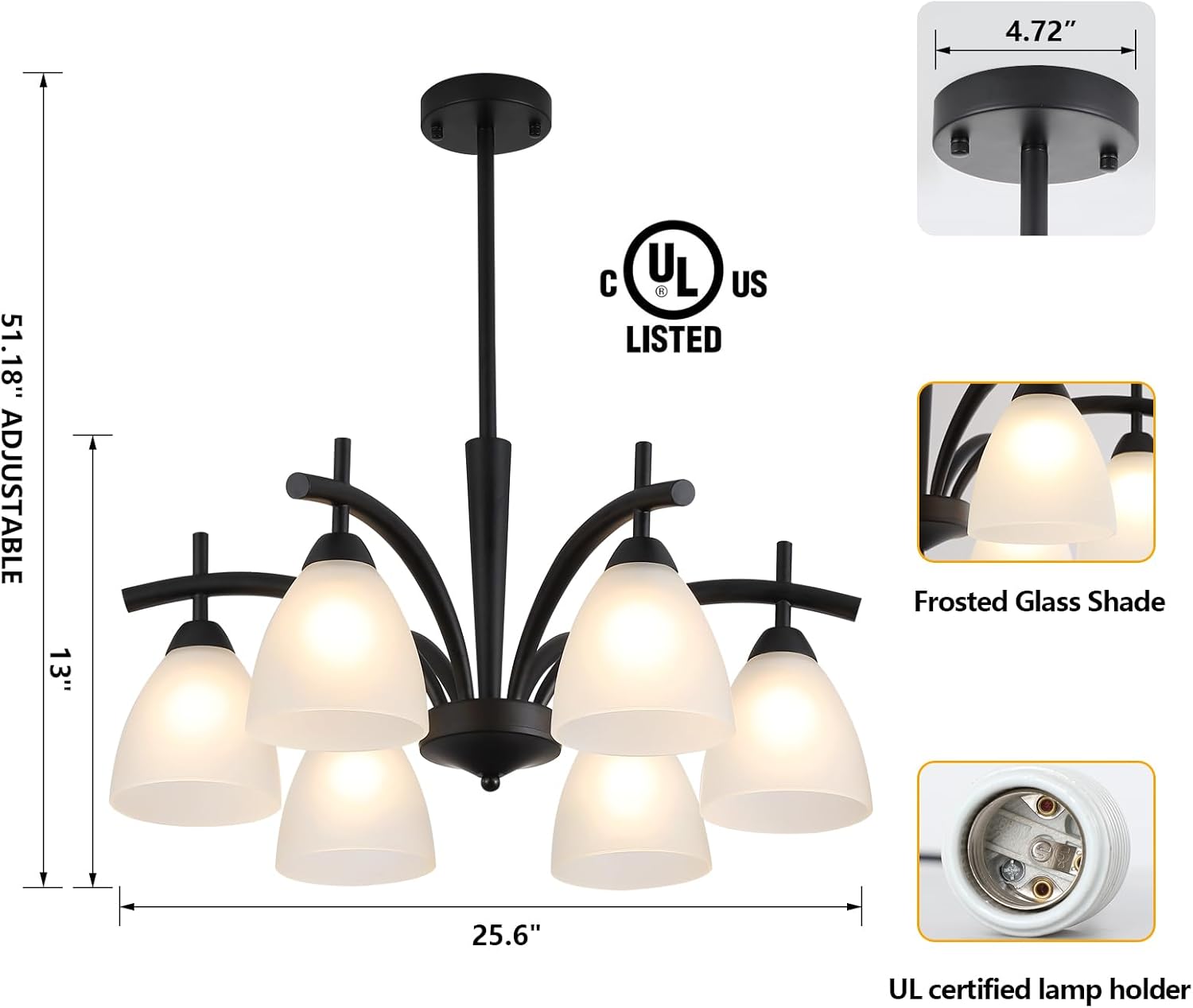 Q&S Modern Farmhouse Black Frosted Glass Chandelier Rustic Kitchen Light Fixtures 6 Lights for Dining Room Living Room Foyer Entryway Bedroom UL Listed D25.6 Inches
