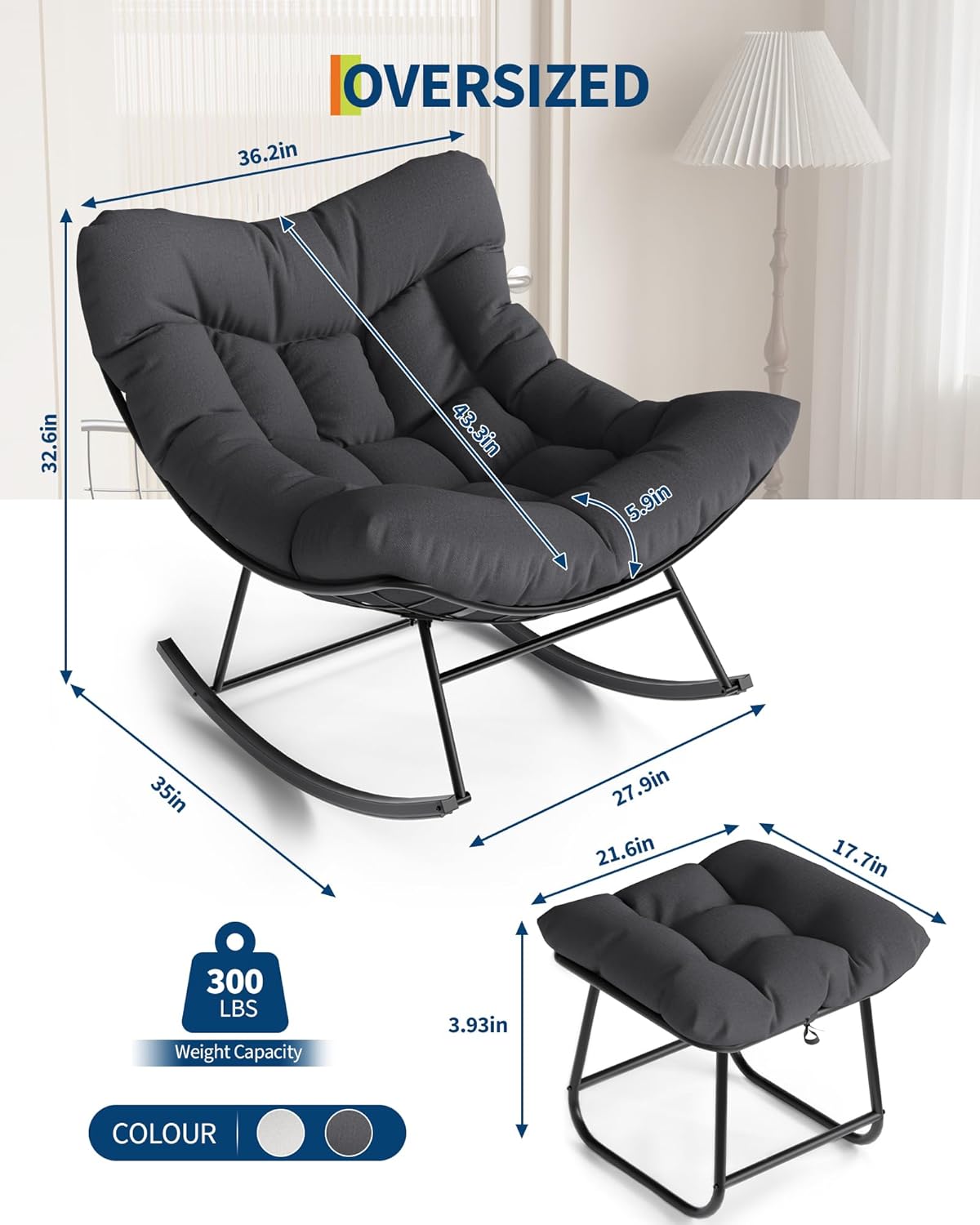 Nursery Rocking Chair Set with Ottoman, Soft Padded Indoor Glider Chair, Sherpa Upholstered Accent Chair with Metal Frame for Bedroom Reading, Gray