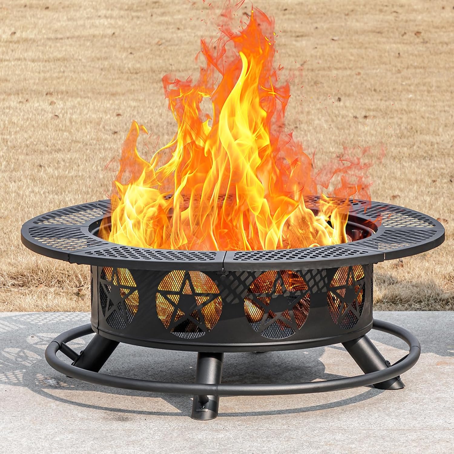 Outvue 42 Inch Fire Pit with 2 Grills, Extra Large Wood Burning Fire Pits for Outside with Lid & Poker, Heavy Duty Firepit,BBQ& Outdoor Fire Pit & Round Metal Table 3 in 1 for Patio, Picnic, Party