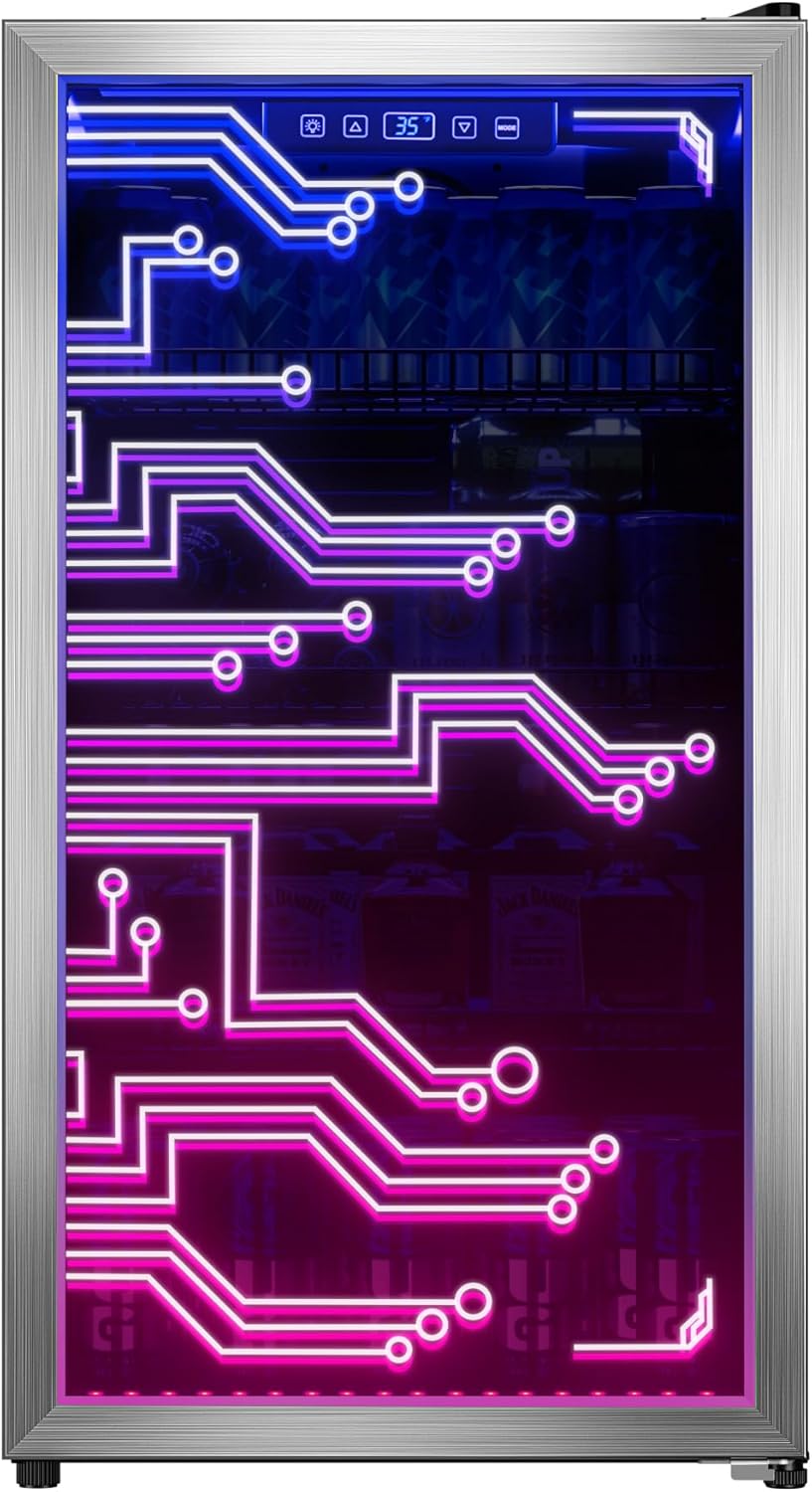 Manastin Gaming Light Up Beverage Refrigertor, Led Lighting Door 120 Cans Freestanding Beverage Fridge, Cyberpunk Beverage Cooler for Gaming, Gaming Room, Bar, Party (Lighting)