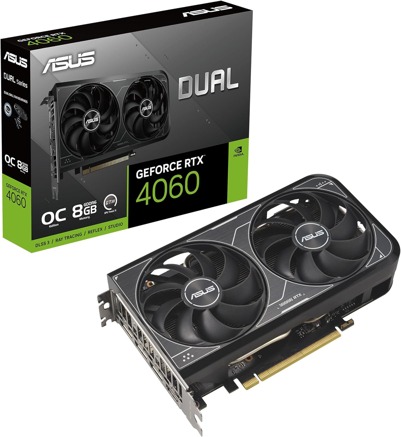 ASUS Dual GeForce RTX™ 4060 V2 OC Edition (PCIe 4.0, 8GB GDDR6, DLSS 3, HDMI 2.1a, DisplayPort 1.4a, 2-Slot Design, Axial-tech Fan Design, 0dB Technology, and More)