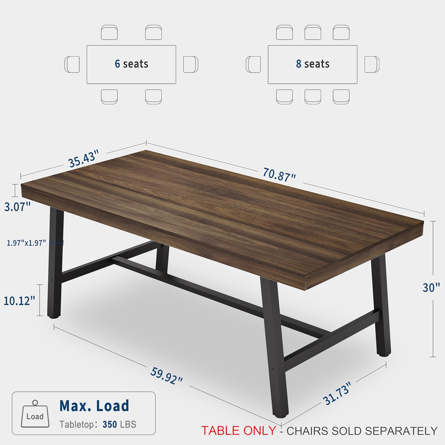 GarveeHome Industrial Dining Table for 6-8 People, 70.87