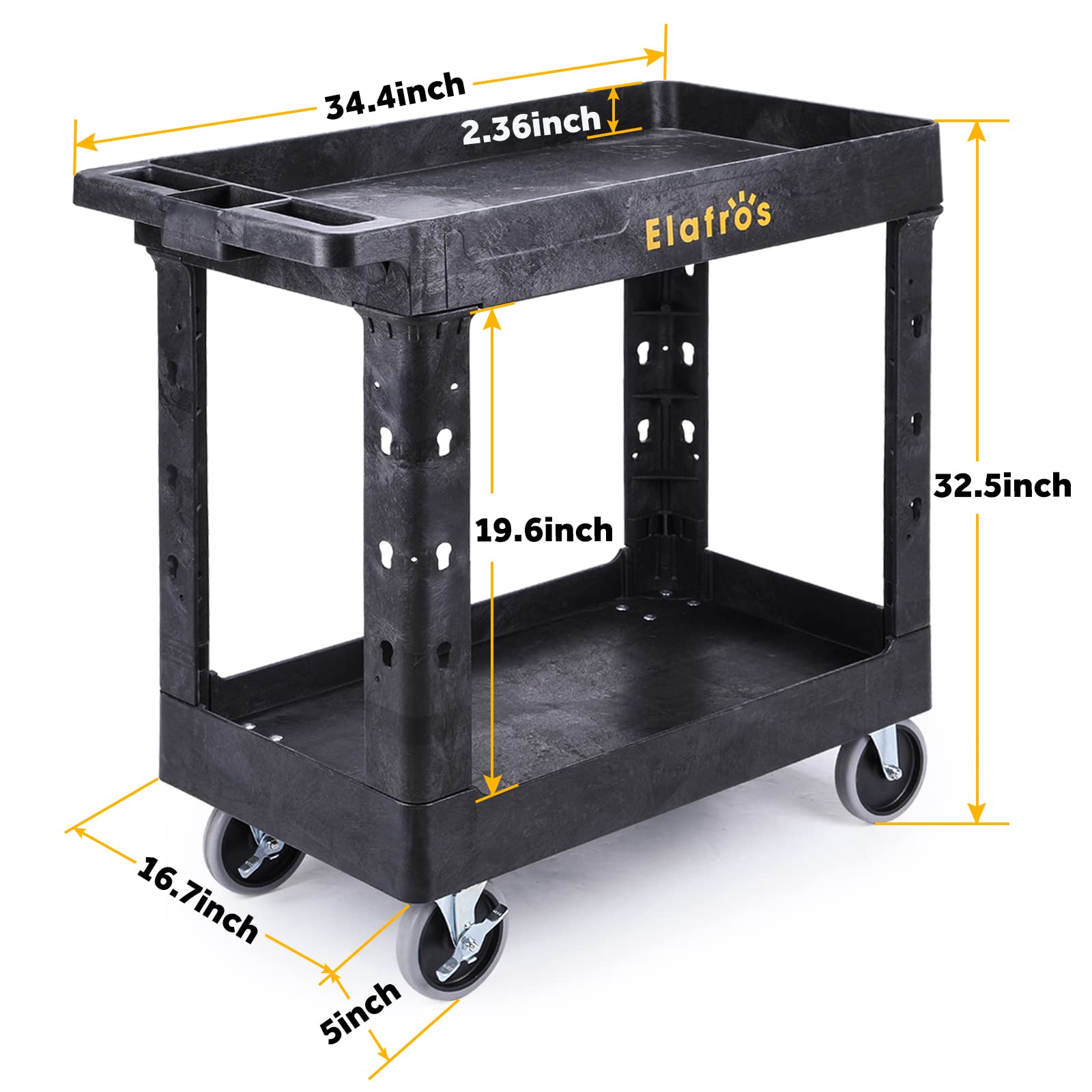 ELAFROS Heavy Duty Plastic Utility Cart - 2 Tier Service Cart