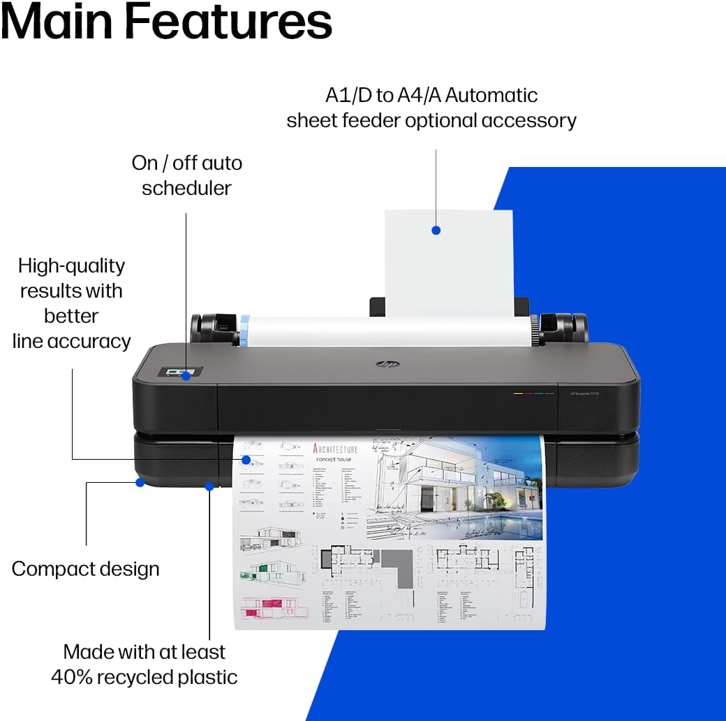 HP DesignJet T210 Large Format Color Plotter Printer - 24-inch, for Easy Wide Format CAD & Poster Prints (8AG32D)