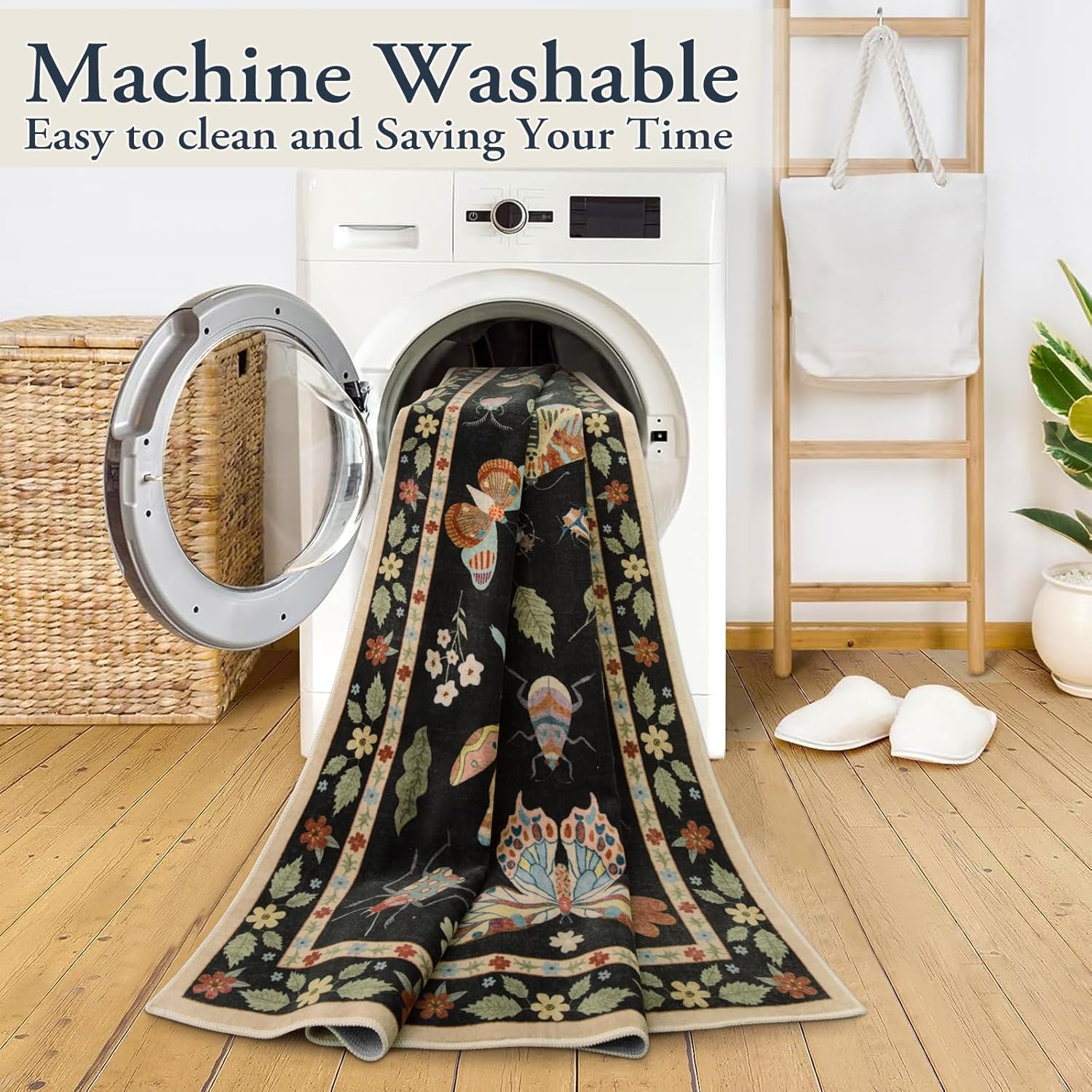 Lahome Insect Area Rugs 8x10, Non Slip Washable Rugs for Living Room 8x10 Rug, Soft Modern Bedroom Rug Under Bed Ultra-Thin Large Carpet for Dining Room Office Playroom Vionnet, Black