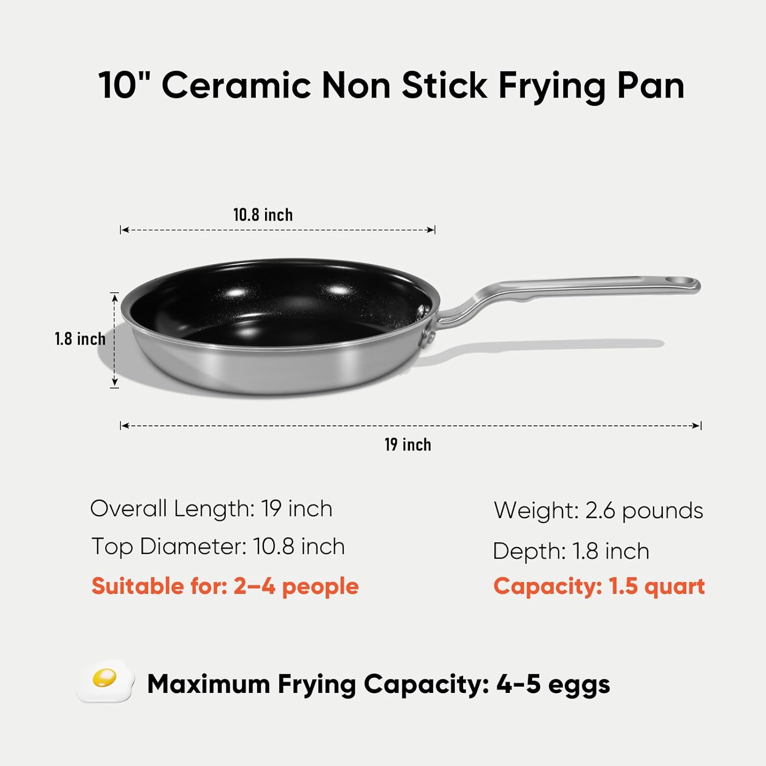 5 Ply Ceramic Non Stick Frying Pans - 10 Inch Stainless Clad Nonstick Skillet, Non Toxic, PTFE & PFOA FREE, Professional Cookware for Induction, All Stoves and Oven up to 650°F