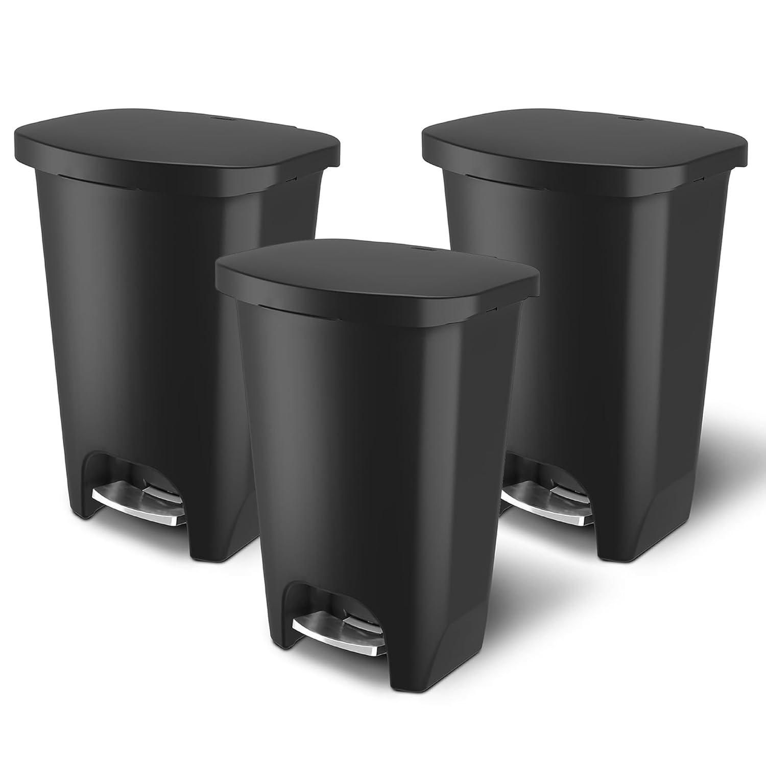 Glad 3 Pack Premium 20 Gal Trash Can, Plastic Kitchen Waste Bin with Odor Protection of Lid, Stainless Steel Foot Pedal and Garbage Bag Rings, Black