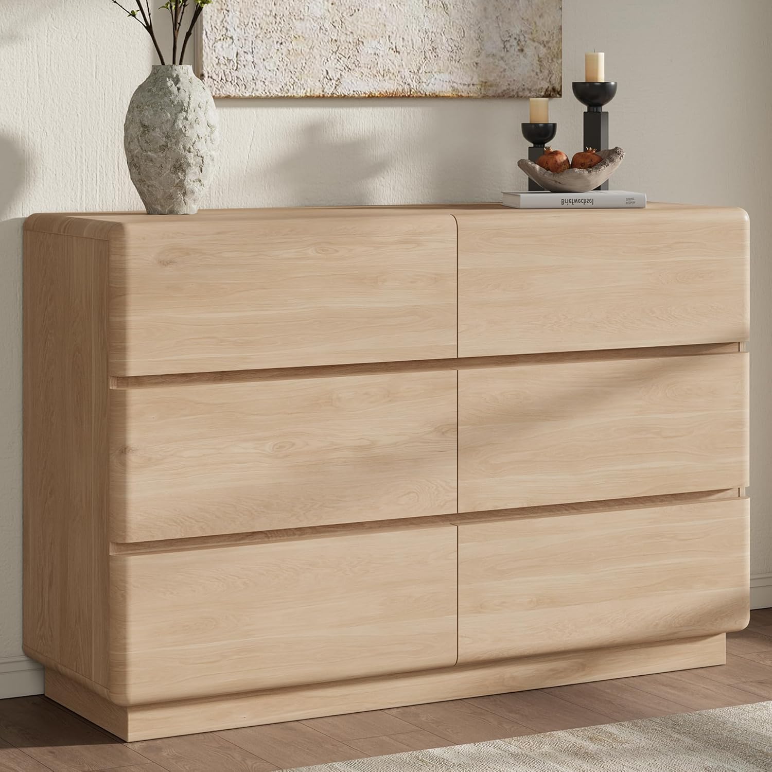 YANSNWO Natural Oak 6 Drawer Dresser for Bedroom, 47