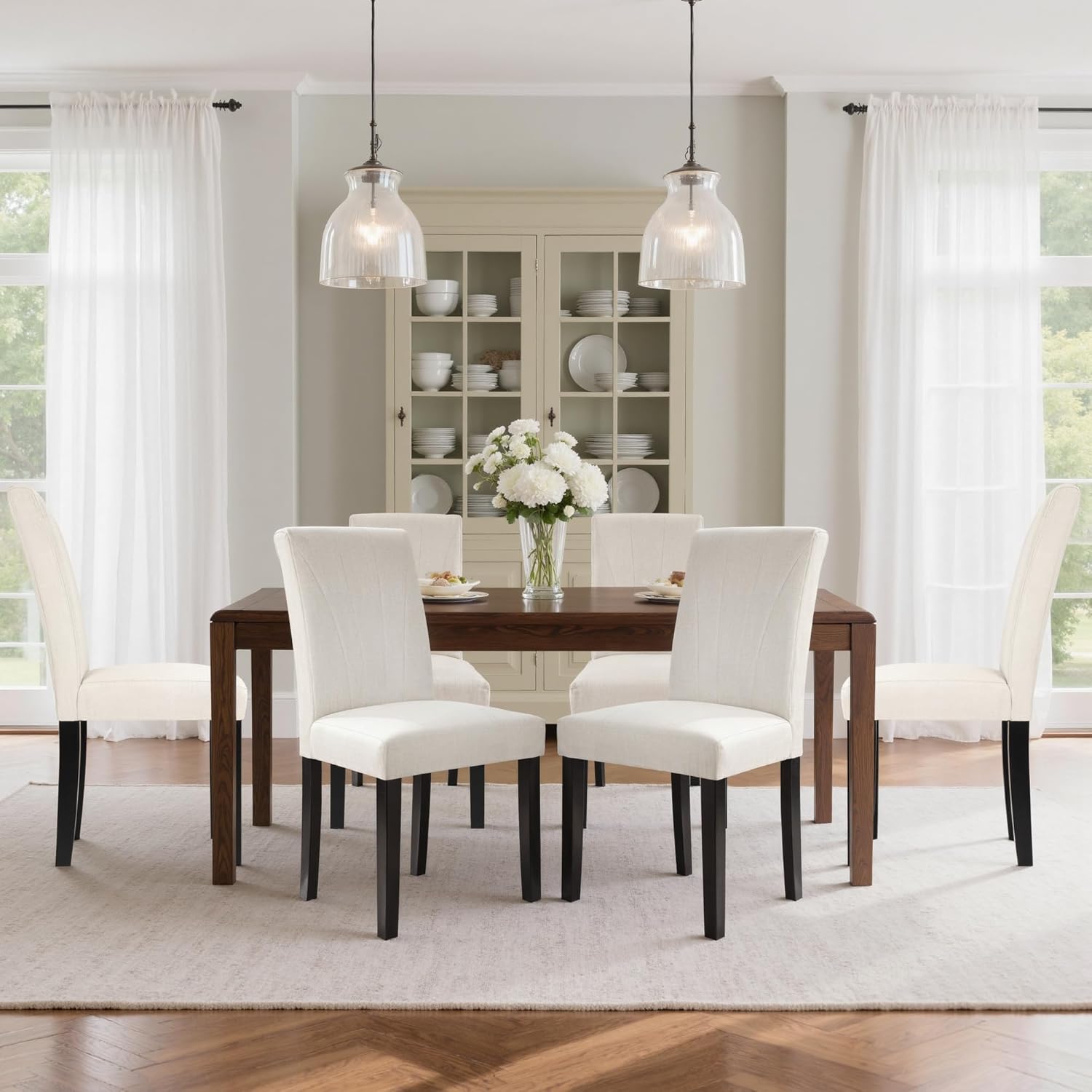 VECELO Upholstered Dining Chairs Set of 6, Modern Fabric and Solid Wood Legs & High Back, Parsons for Kitchen/Living Room- Beige
