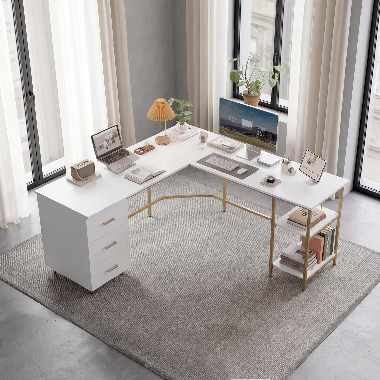 Techni Mobili L Shaped Desk - Two-Toned Computer Desk with Drawers & Storage Shelves - Simple Modern Furniture & Home Office Space Corner Table for Work & Writing