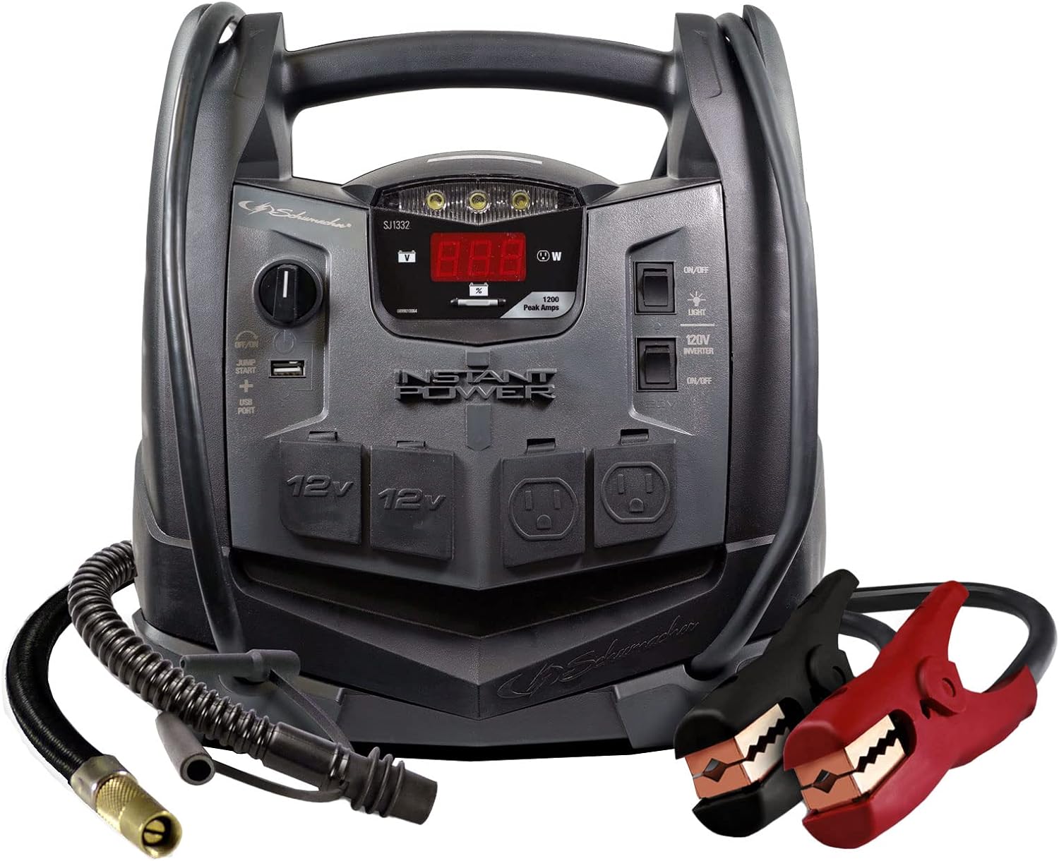 SJ1332 6-in-1 Portable Power Station and Jump Starter with 150-PSI Air Compressor and 200 Continuous/400 Peak Watt Power Inverter, 1200 Peak Amps, 12 Volts, Black, 1 unit