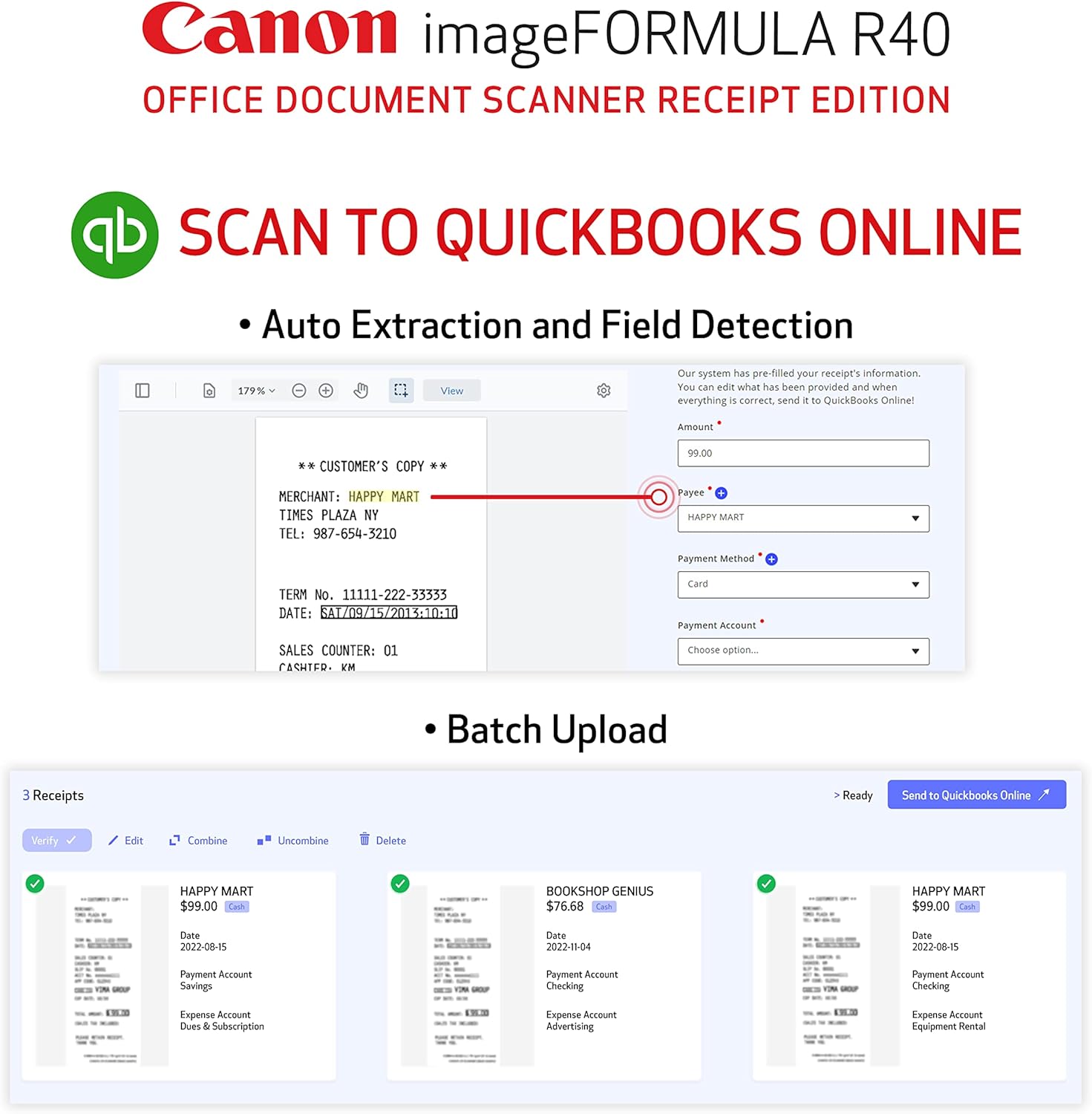 Canon imageFORMULA R40 Office Document Scanner Receipt Edition, for PC and Mac, Scan & Extract Data to QuickBooks Online, Color Duplex Scanning, Auto Document Feeder, Easy Setup for Office Or Home Use