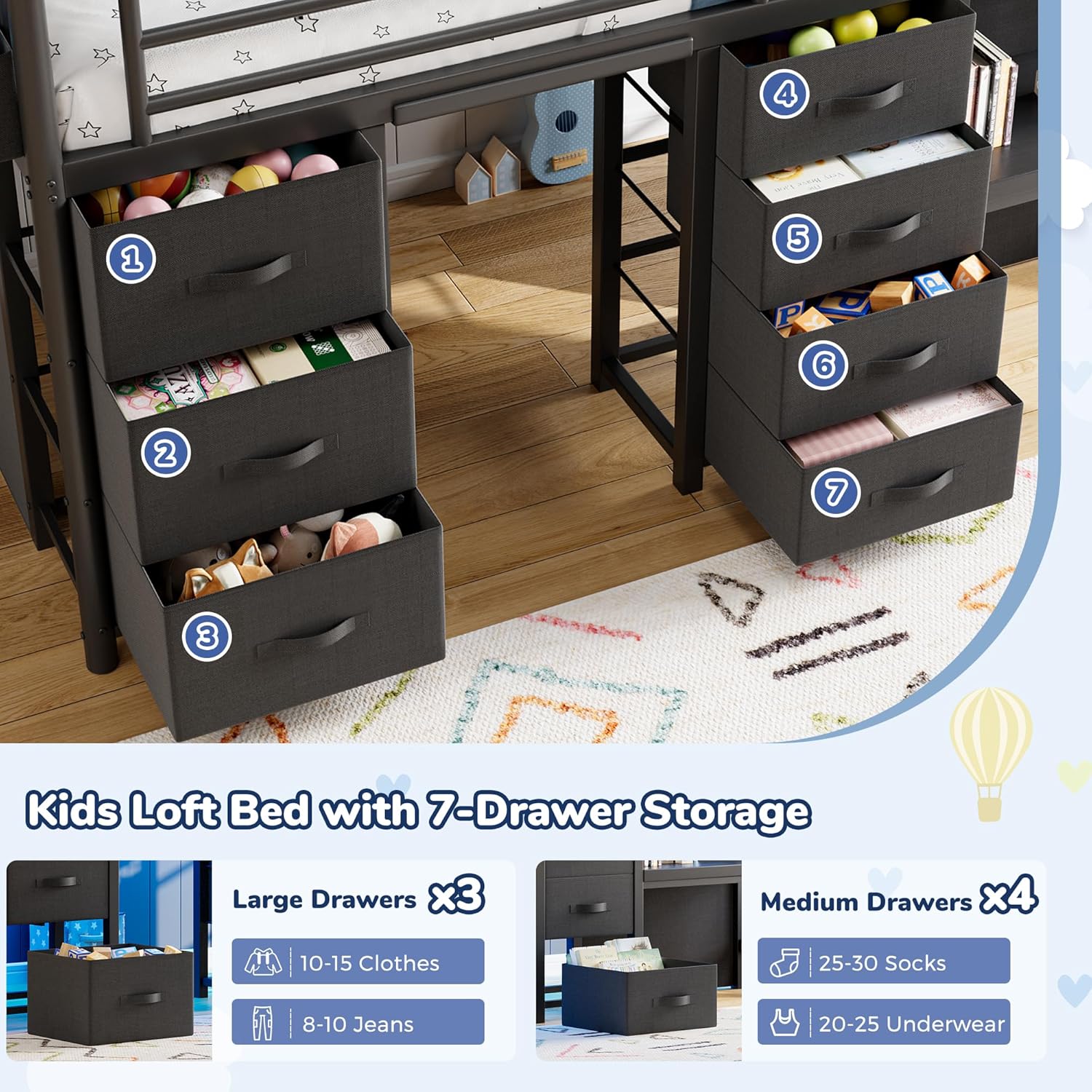 Low Loft Bed Twin Size with 7 Storage Drawers, Desk and LED Lights, Heavy Duty Metal Kids Loft Bed with 13.8