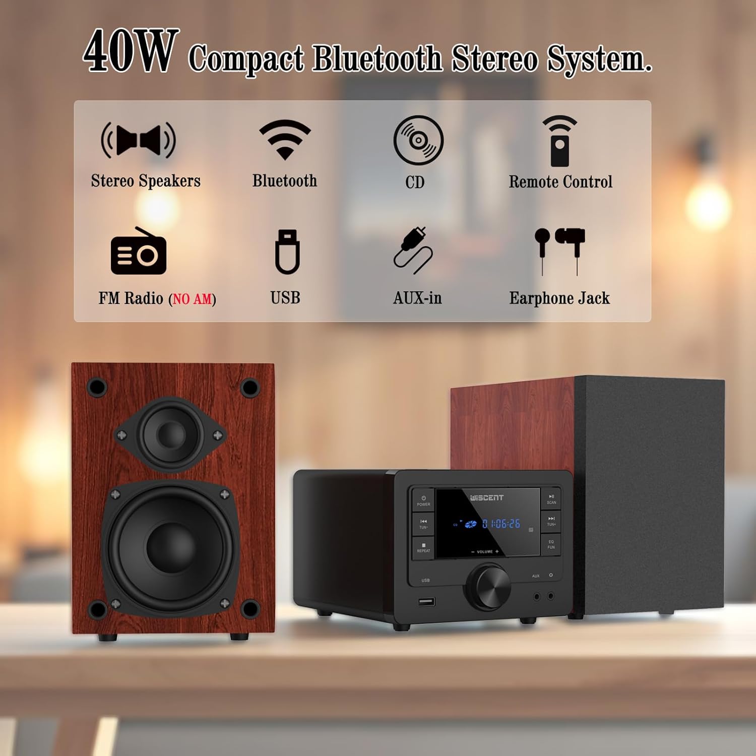 WISCENT Bluetooth Stereo System 40W for Home, CD Player with Wireless Streaming, MP3/USB/Audio in/FM Radio, Powerful Home Audio Sound System