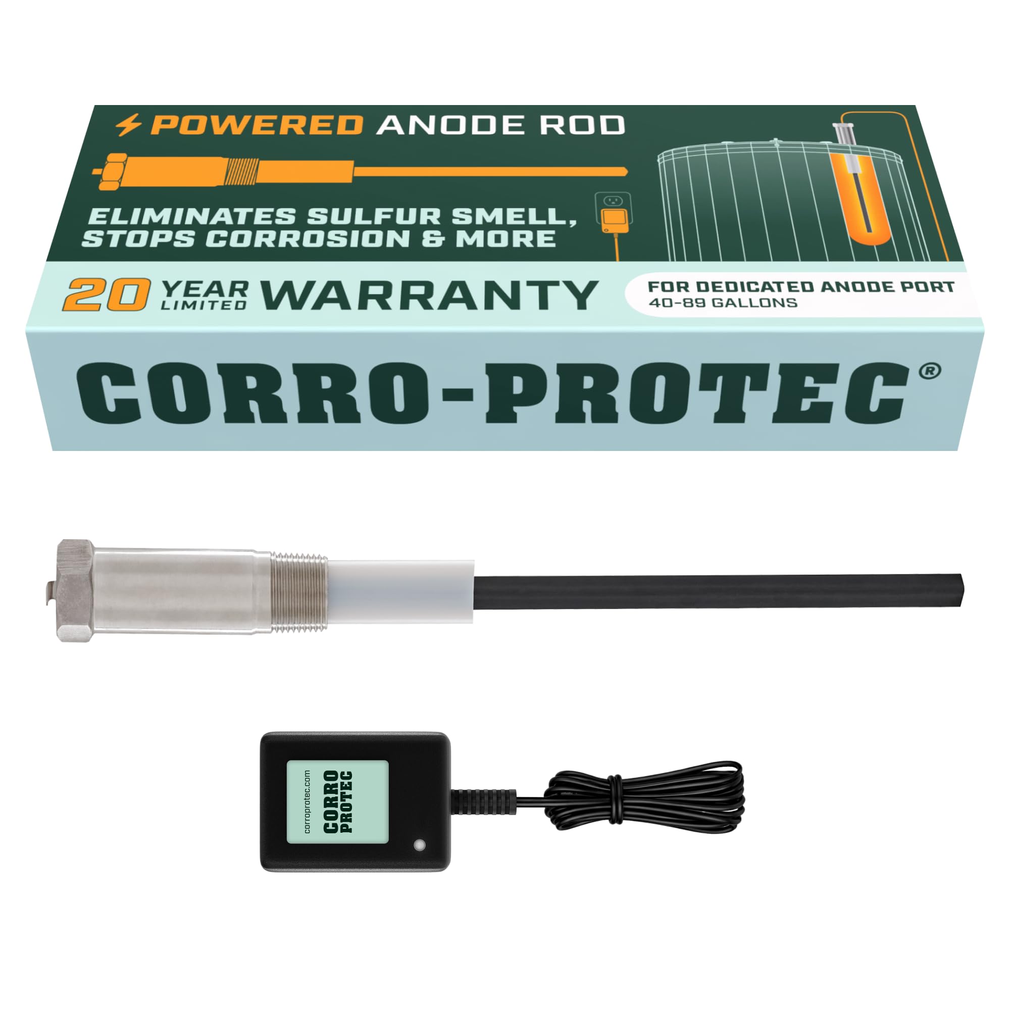 CORRO-PROTEC Powered Anode Rod for Water Heater - 20-Year Warranty