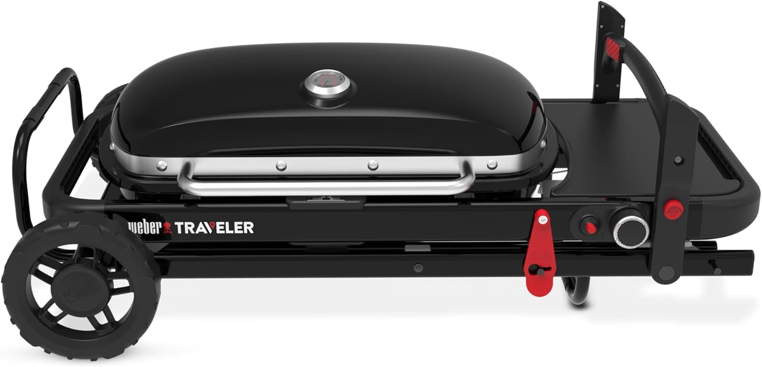 Weber Traveler® Portable Gas Grill (Liquid Propane) for Outdoor Cooking – Black, Porcelain-Enameled Lid, Side Table, Folding Portable Grill with Wheels for Camping, Tailgating & Travel