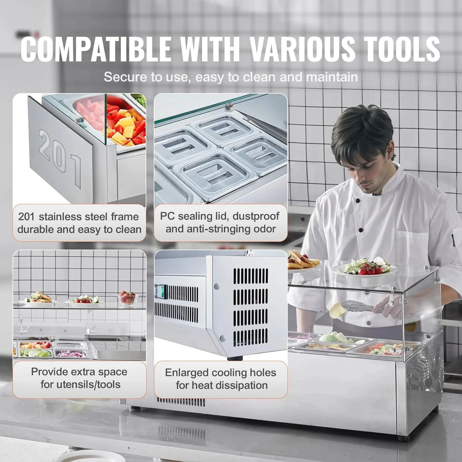 Refrigerated Condiment Prep Station, 135 W Countertop Refrigerated Condiment Station, with 2 1/3 Pans & 4 1/6 Pans, 304 Stainless Body and PC Lid, Sandwich Prep Table with Stainless Guard, ETL
