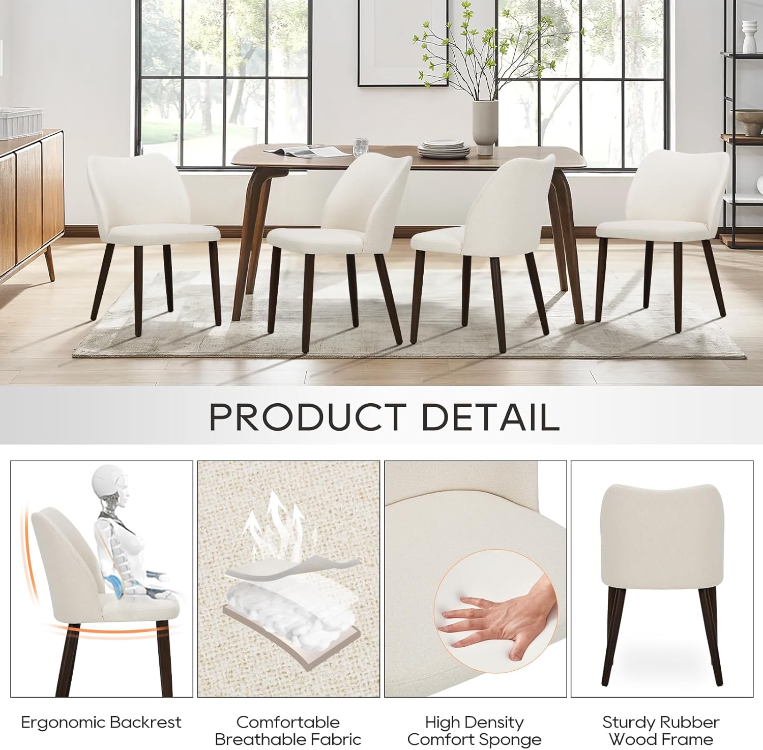 COLAMY Dining Chairs Set of 6, Upholstered Fabric Kitchen Chairs with Curved Back, Padded Seat and Solid Wood Legs, Modern Dining Chair for Kitchen Dining Room, Beige