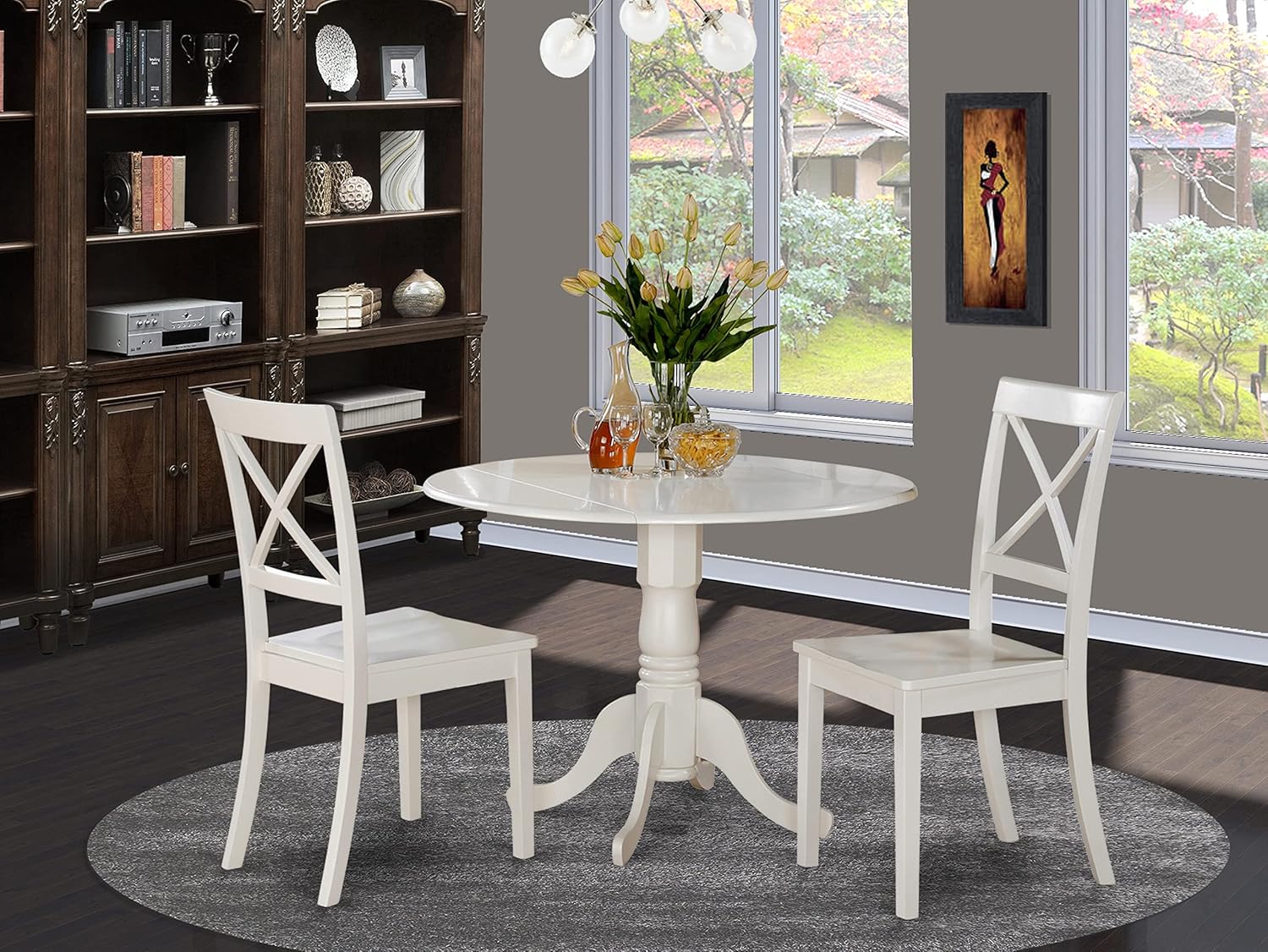 East West Furniture DLBO3-WHI-W 3 Piece Dining Room Table Set Contains a Round Kitchen Table with Dropleaf and 2 Dining Chairs, 42x42 Inch, Linen White